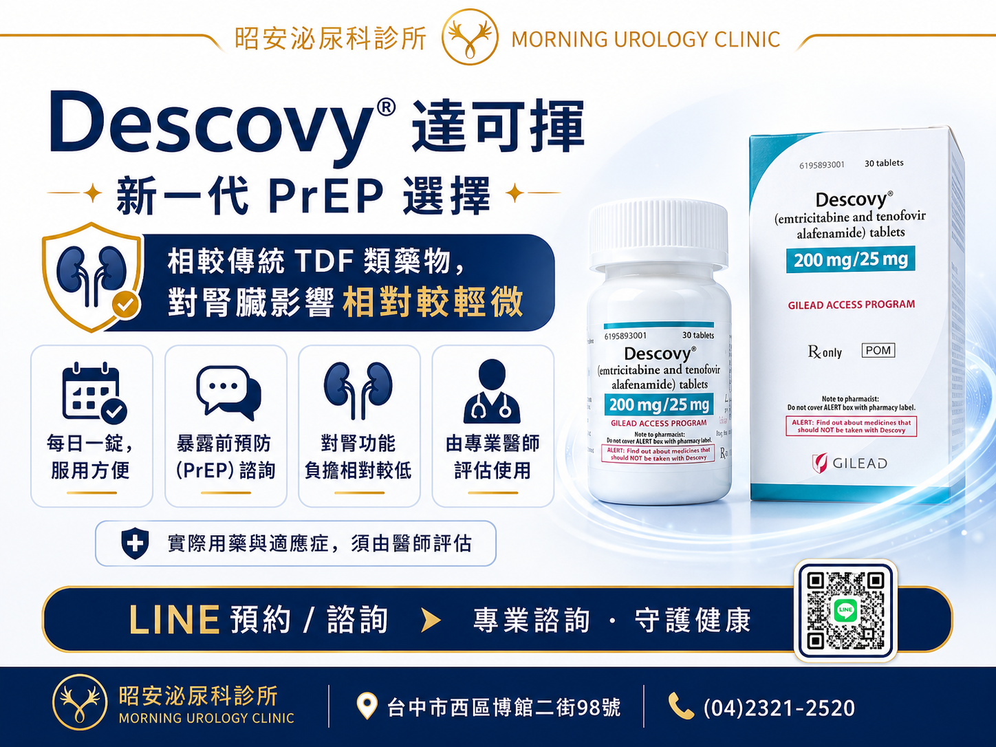 Descovy達可揮新一代PrEP-減輕腎臟負擔的暴露前預防藥物 昭安泌尿科診所提供 Descovy 達可揮,為新一代 PrEP 選擇。海報強調相較傳統 TDF 類藥物,Descovy 對腎臟影響相對較輕微。圖解四大特色:每日一錠服用方便、提供暴露前預防(PrEP)諮詢、對腎功能負擔相對較低、且須由專業醫師評估使用。提供 LINE 預約與專業諮詢守護健康。