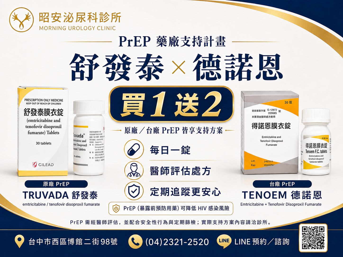 PrEP藥廠支持計畫-舒發泰與德諾恩藥廠支持計畫透明方案 昭安泌尿科診所公開的 PrEP 藥廠支持計畫海報。主打「舒發泰 × 德諾恩,藥廠支持計畫」。說明原廠 PrEP (TRUVADA 舒發泰) 與台廠 PrEP (TENOEM 德諾恩) 皆享支持方案。圖解三大特點:每日一錠、醫師評估處方、定期追蹤更安心。強調 PrEP 可降低 HIV 感染風險,但需經醫師評估並配合安全性行為與定期篩檢。資訊公開透明,拒絕醫療隱瞞。