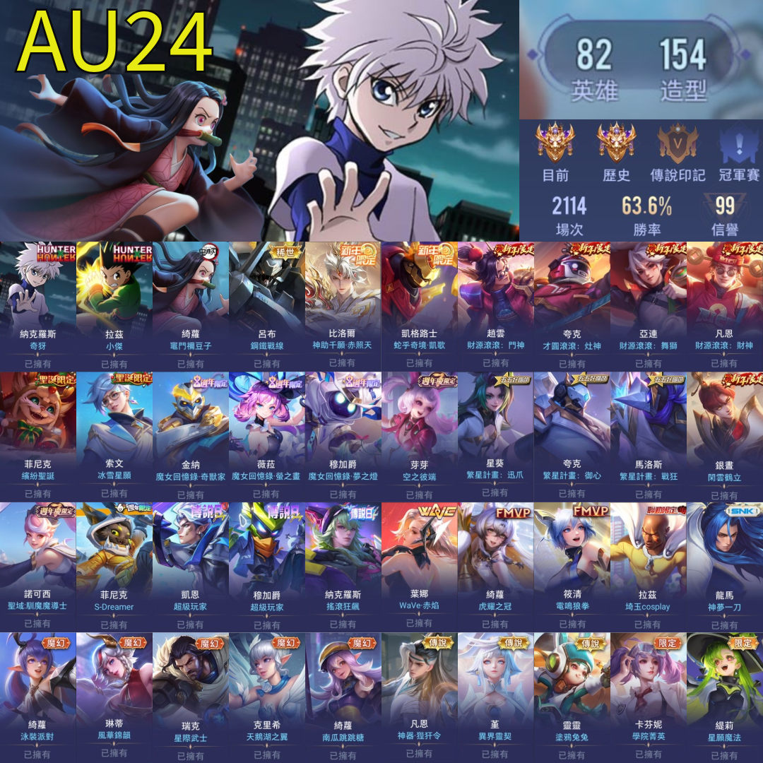 (AU24客人分期中請勿下單)Garena 傳說對決 月繳1400元起 主打納克奇犽禰豆子小傑鋼鐵鋁不神助千願蛇乎魔女SDreamer超級玩家WAVE等多直購限定造型