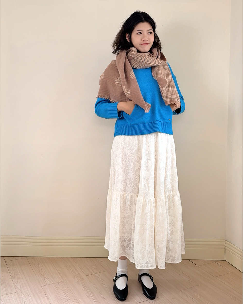 蘇格蘭愛心圍巾-灰粉2