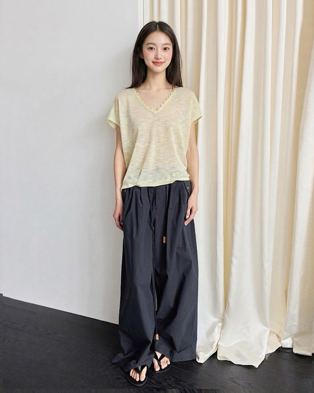 亞麻花邊法式tee-黃3