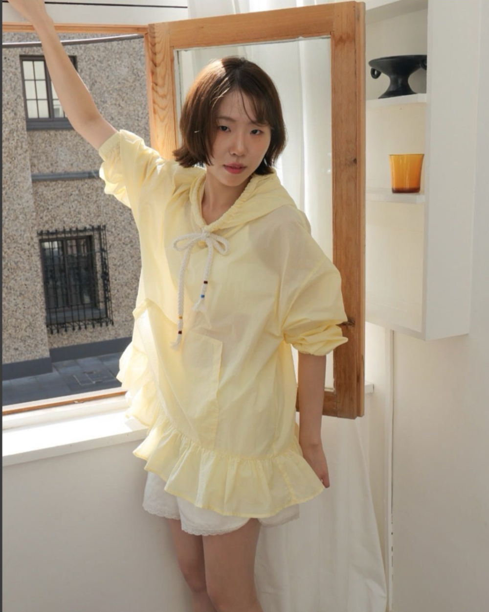 清透連帽傘擺防曬衫-黃2