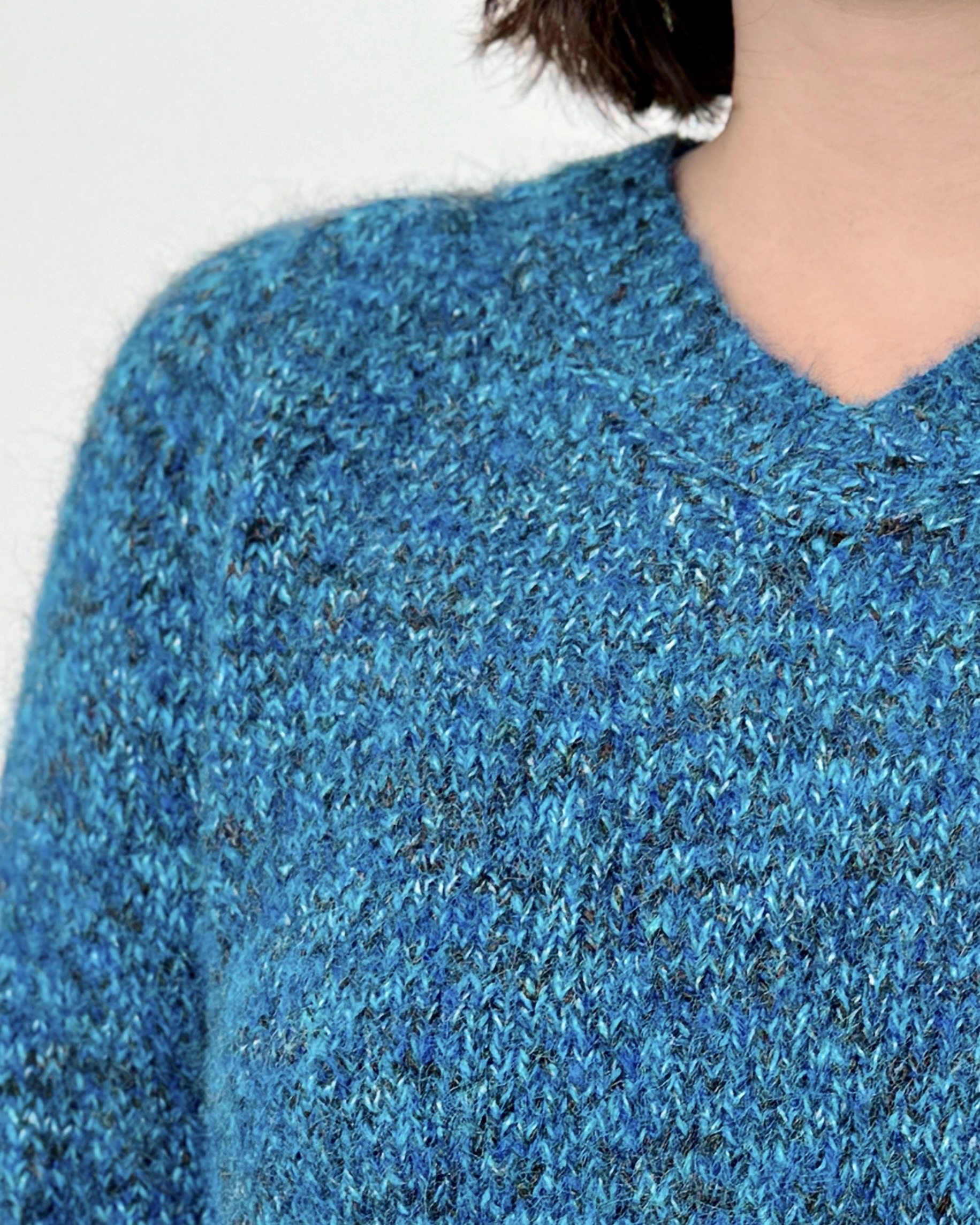 V領花彩毛衣-藍3