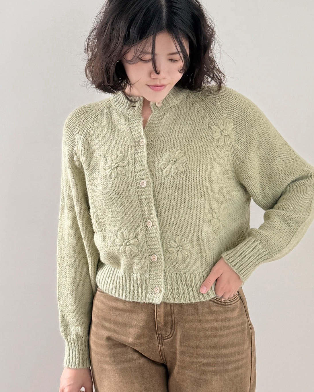 手工繡花開襟外套-綠