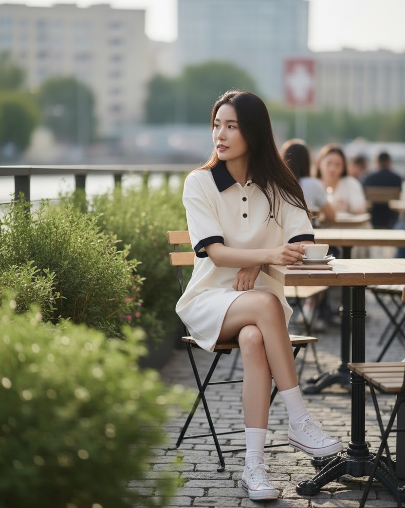 polo領撞色短洋裝-杏2