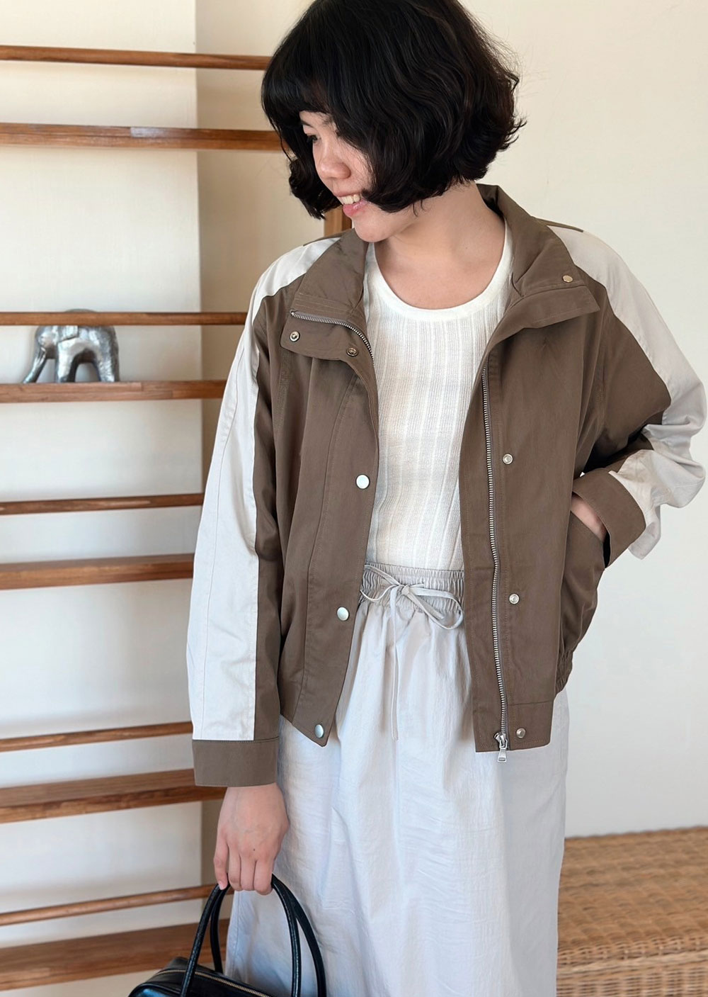 棉質撞色立領夾克