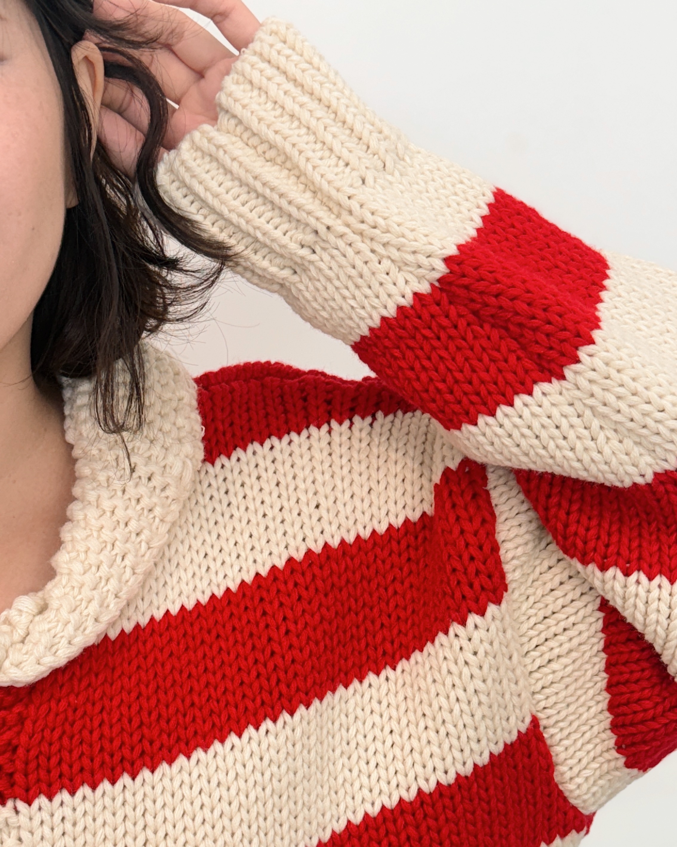 北歐粗針條紋毛衣-紅6