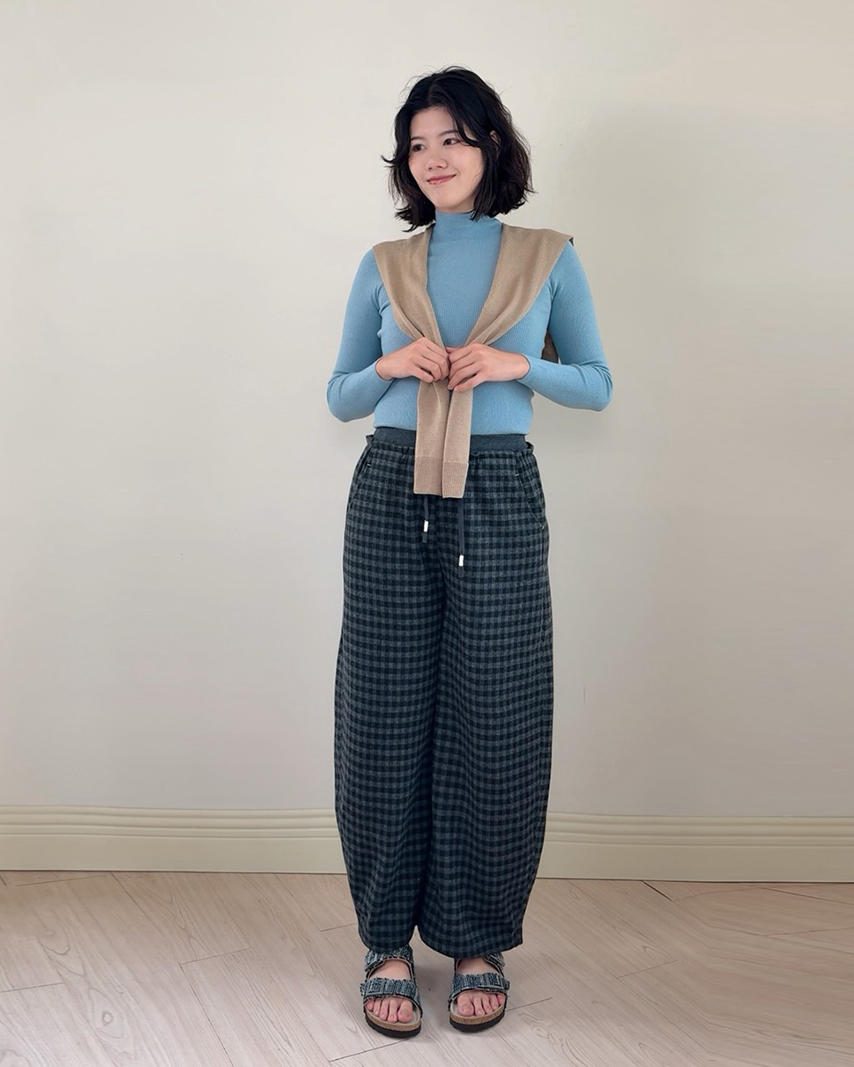 毛呢鬆緊彎刀褲-格紋2