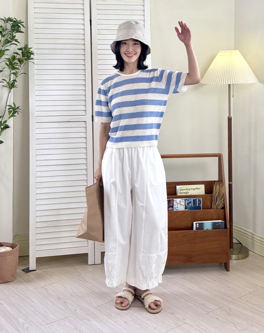瓊麻涼感寬條上衣-藍2