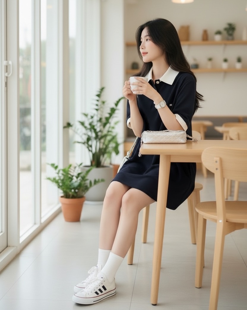 polo領撞色短洋裝-藏青2