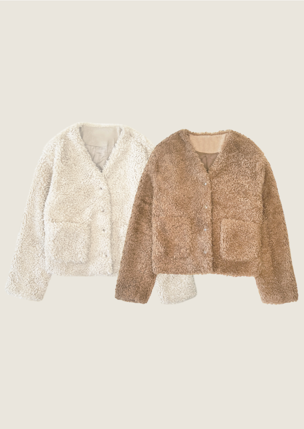 V領羊羔毛外套-卡其