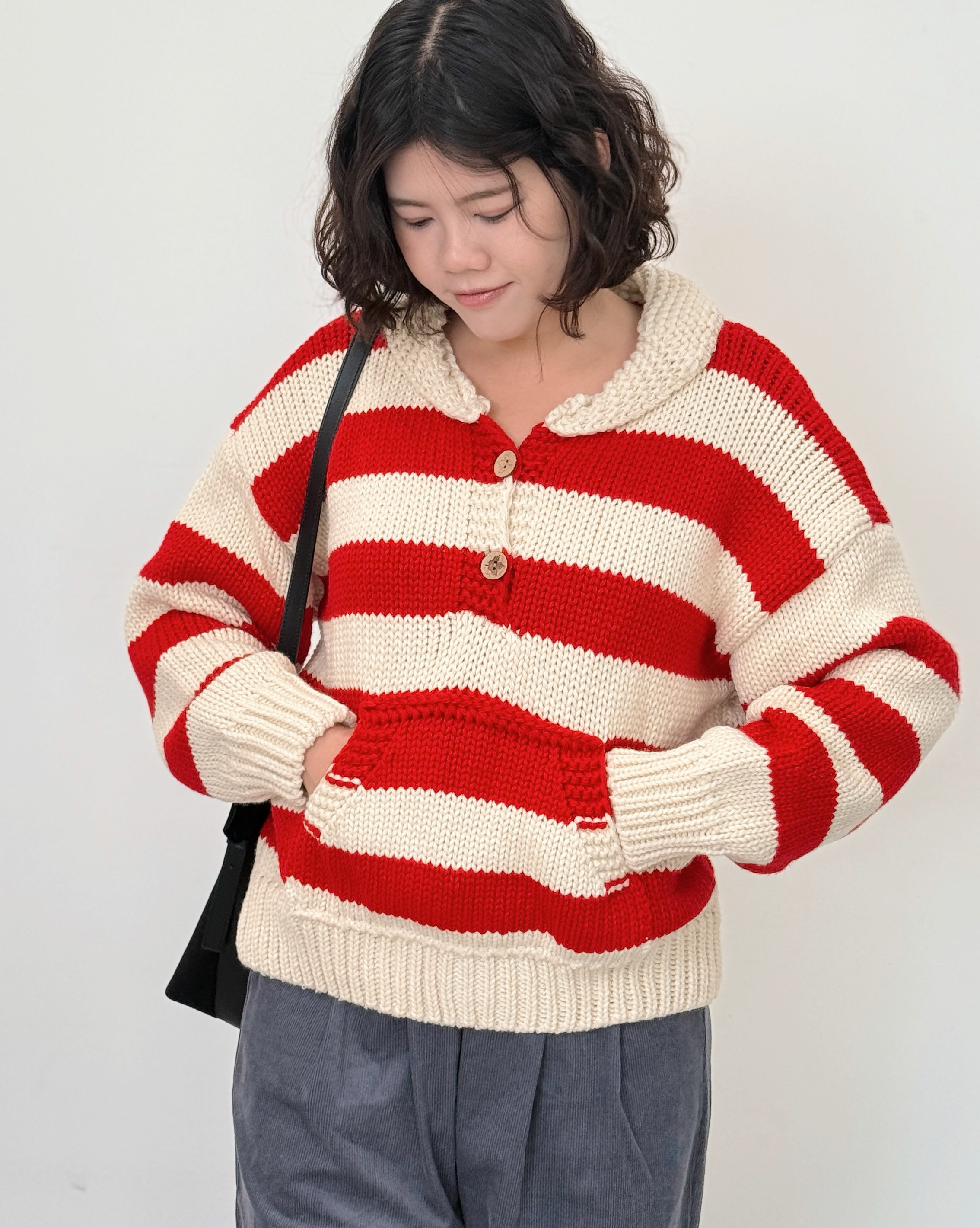 北歐粗針條紋毛衣-紅