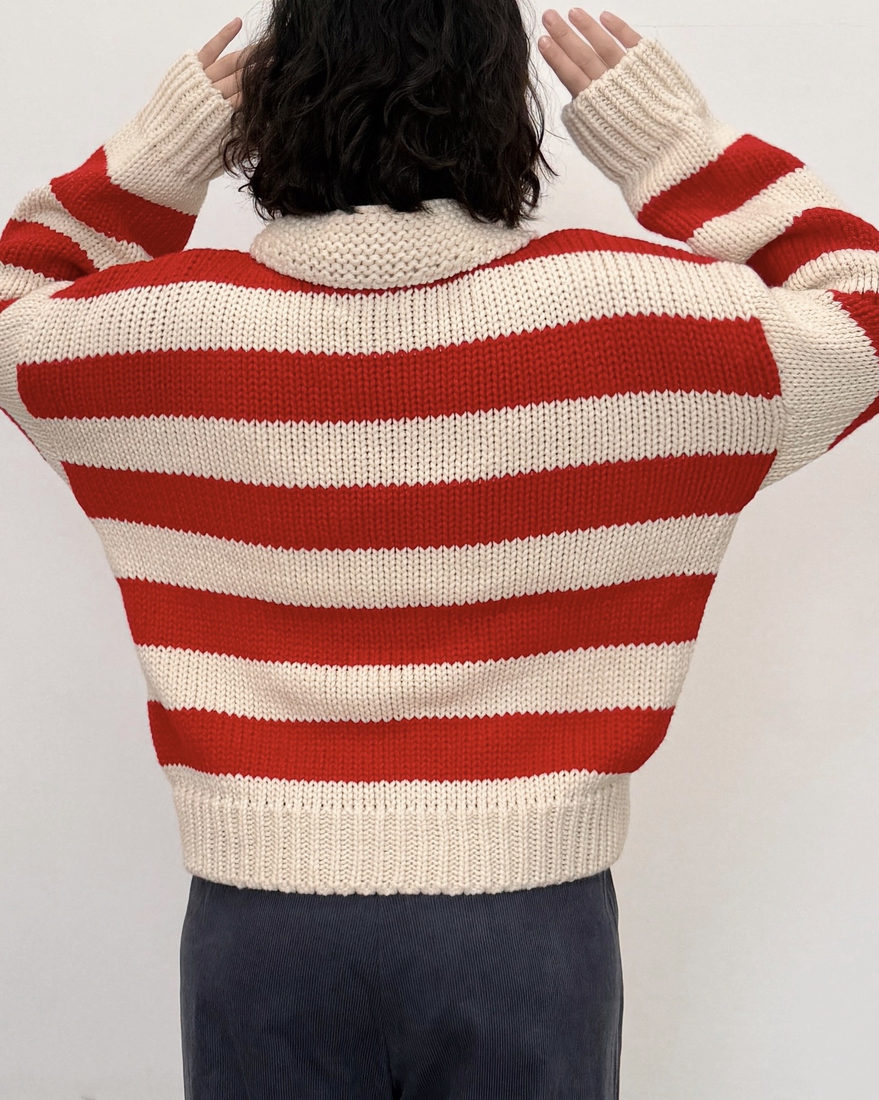 北歐粗針條紋毛衣-紅8