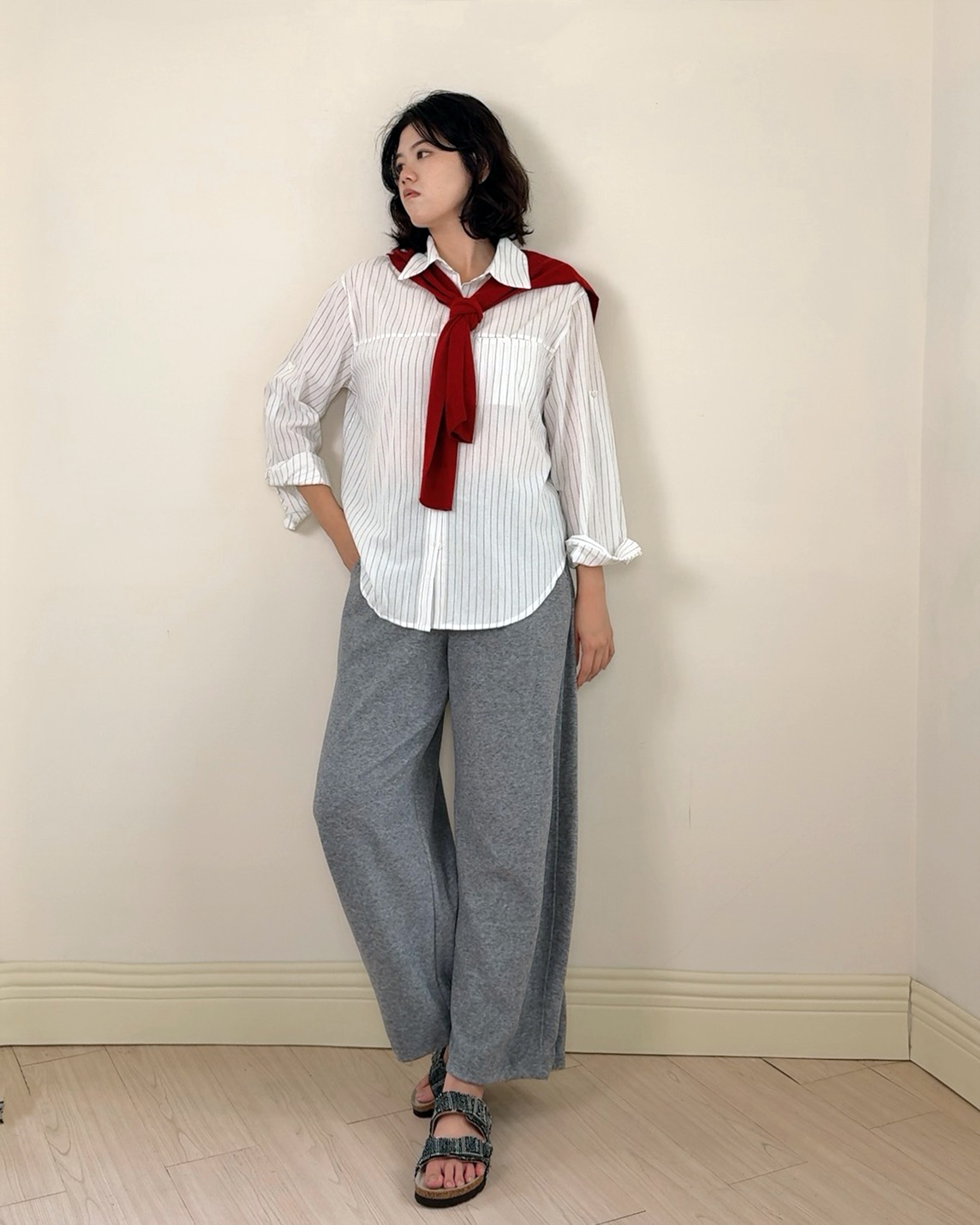 毛呢鬆緊彎刀褲-灰4