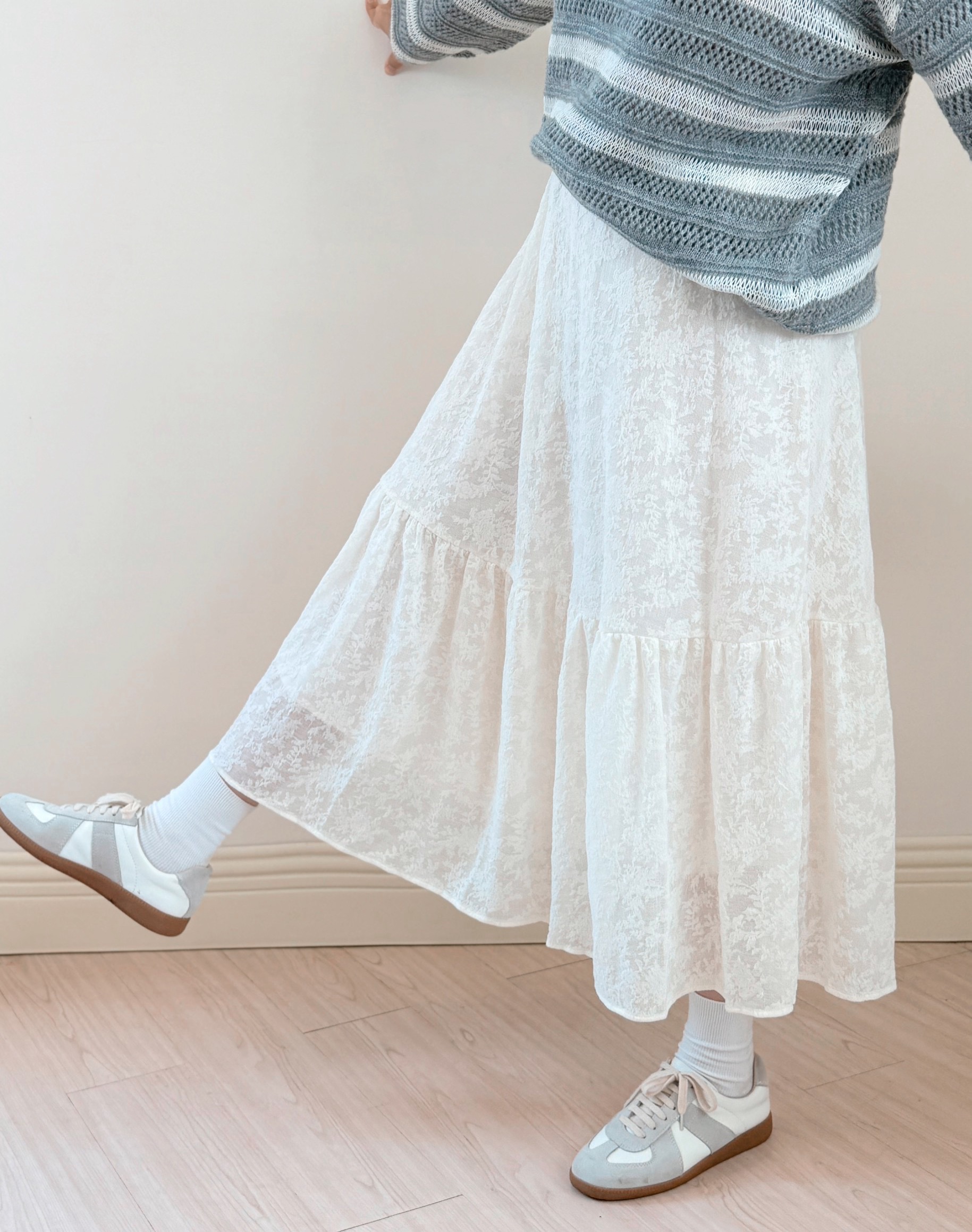 法式蕾絲鬆緊萬能裙-杏