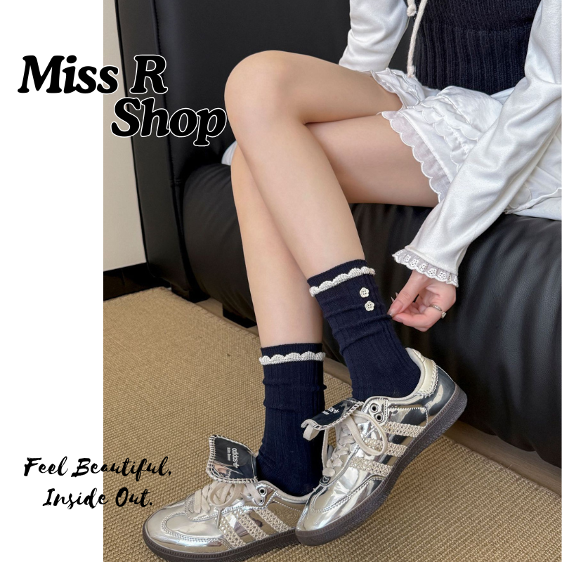 韓系藏青學院風格 中筒襪小花鈕扣襪   n125