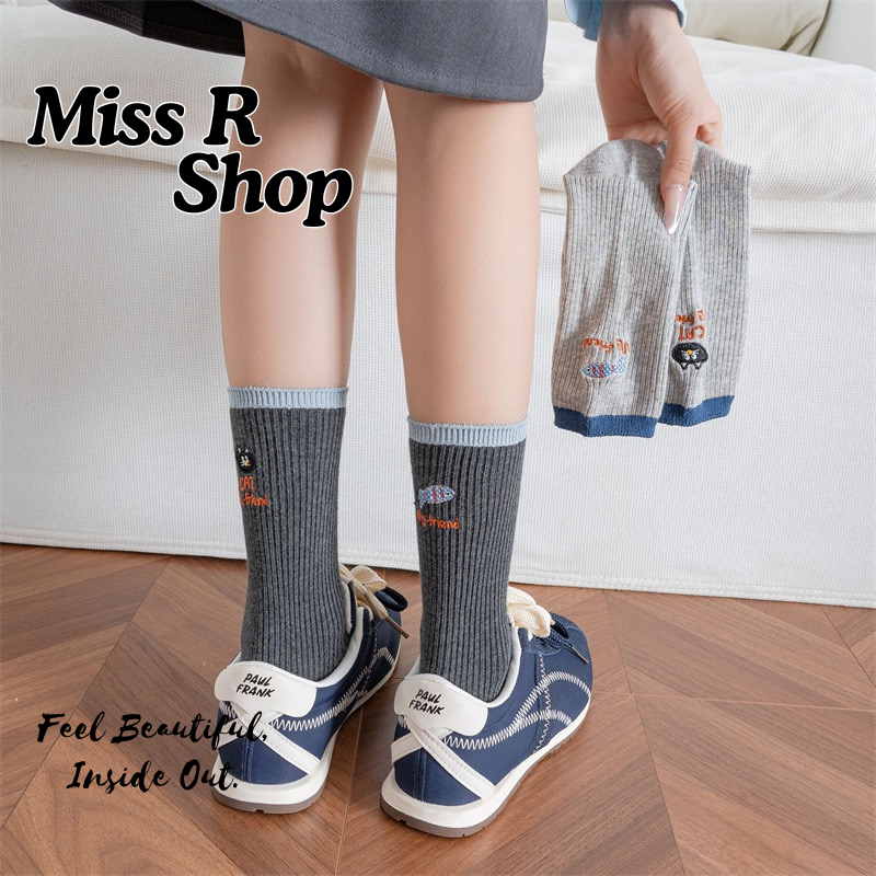 秋冬拼色AB版 刺繡小貓小魚字母 中筒襪堆堆襪  n114