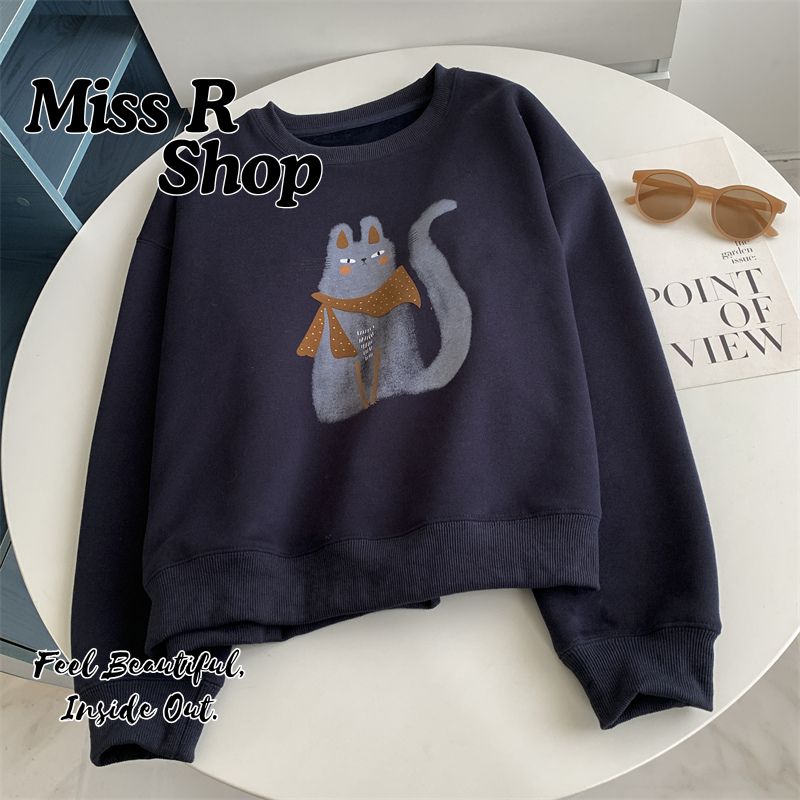 韓版貓咪印花 加絨長袖保暖 顯瘦上衣  n309