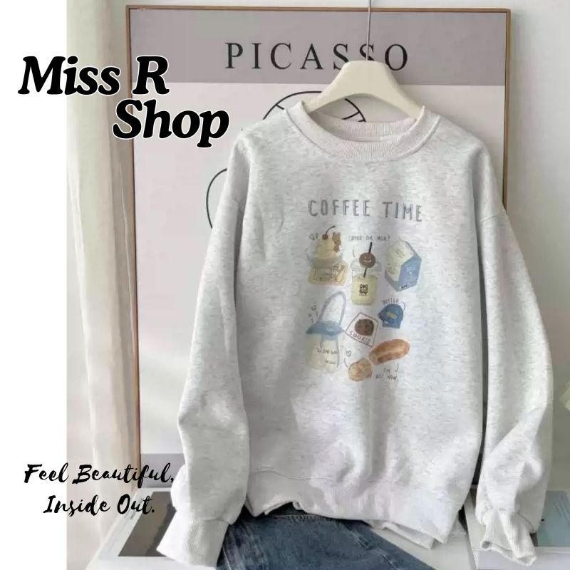寬鬆灰色插畫大學T 咖啡主題印花日系休閒上衣   n2301