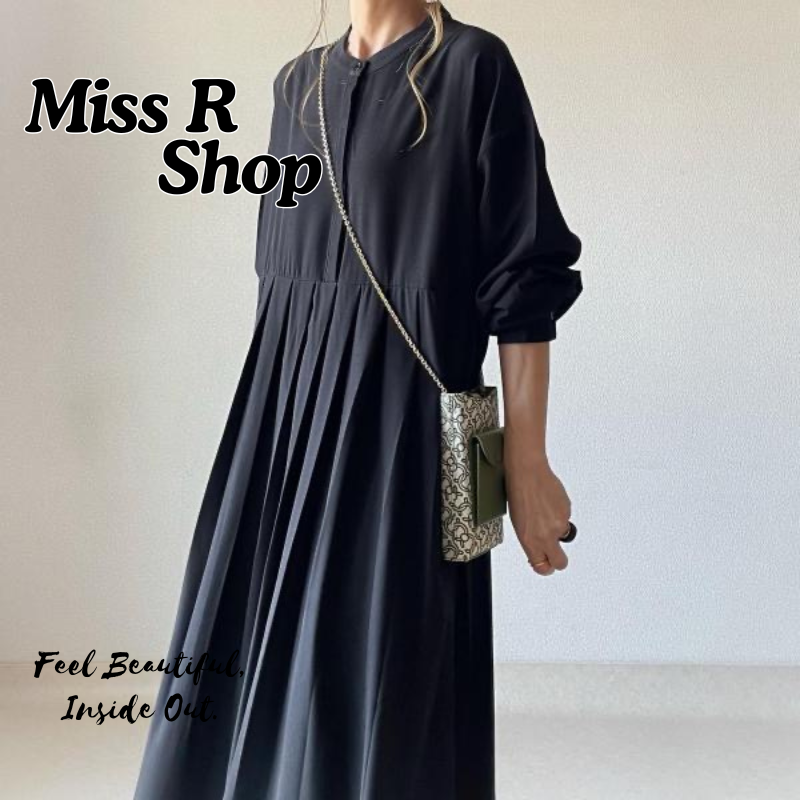 秋裝拼接系 日系風長裙 圓領袖連衣裙  n751