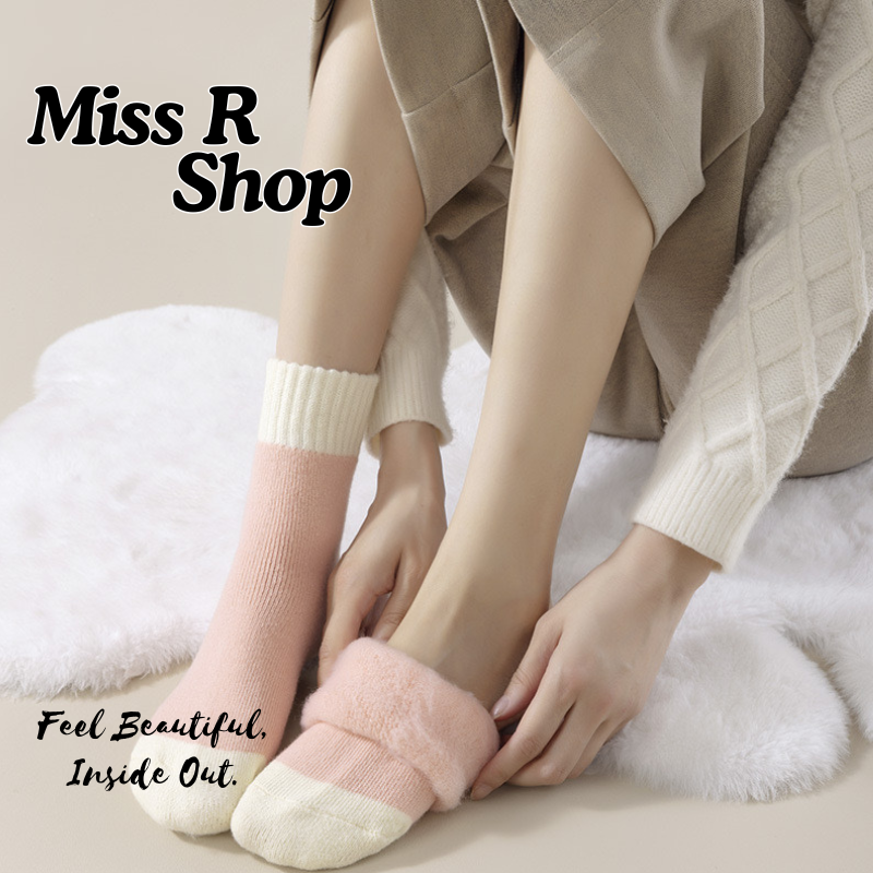 (冬襪) 加絨加厚保暖中筒襪 居家睡眠襪拼色襪  n101