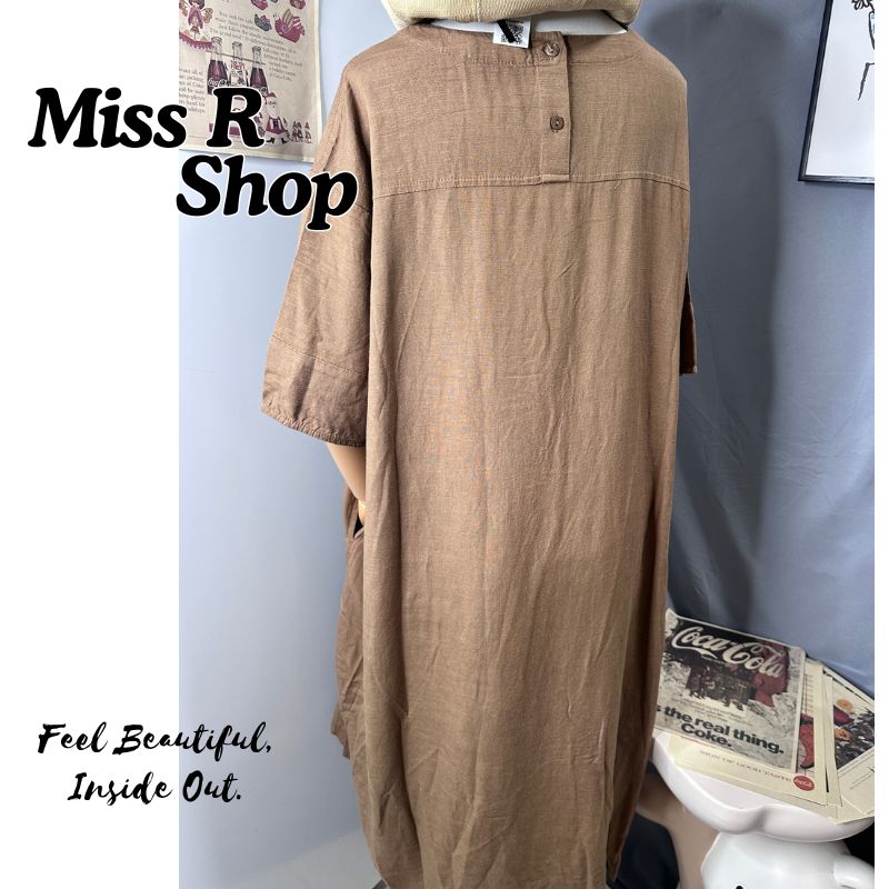 森系大地色連身裙 女 有口袋 復古寬鬆大尺碼 短袖洋裝 顯瘦遮肉 氣質百搭 簡約 休閒 中長裙 裙子 n600522