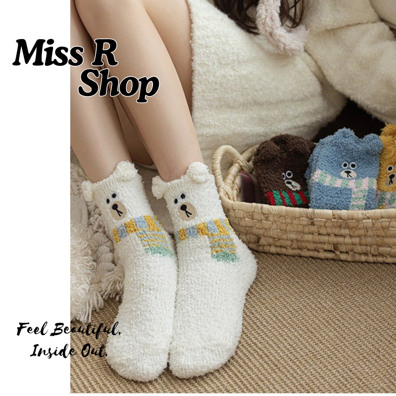 (厚襪) 刺繡圍巾小熊襪 珊瑚絨地板襪 睡眠加厚襪 n109