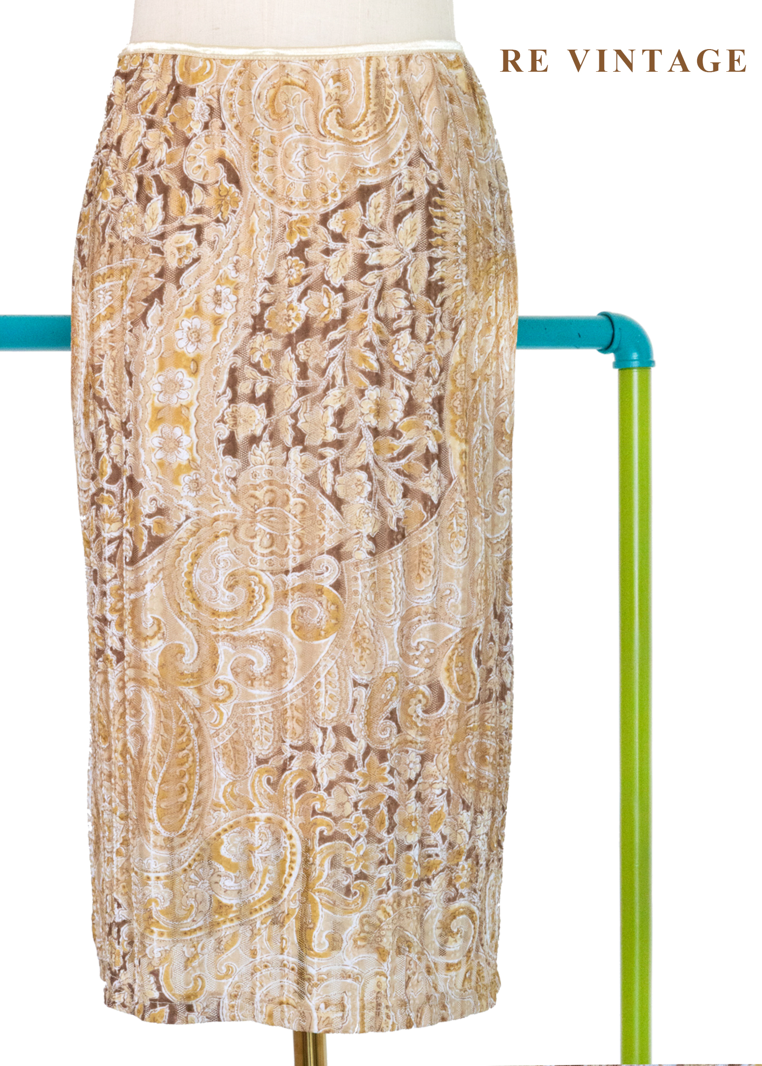 光。繁花線條奶茶色及膝裙（22-28"）