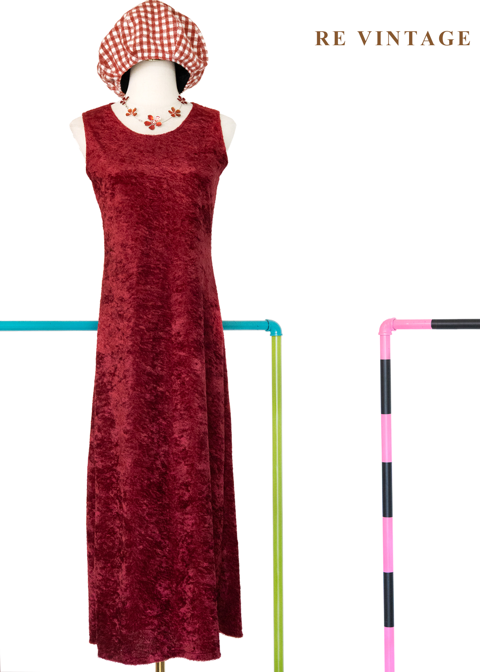 紅酒短絨火辣光澤長洋裝1