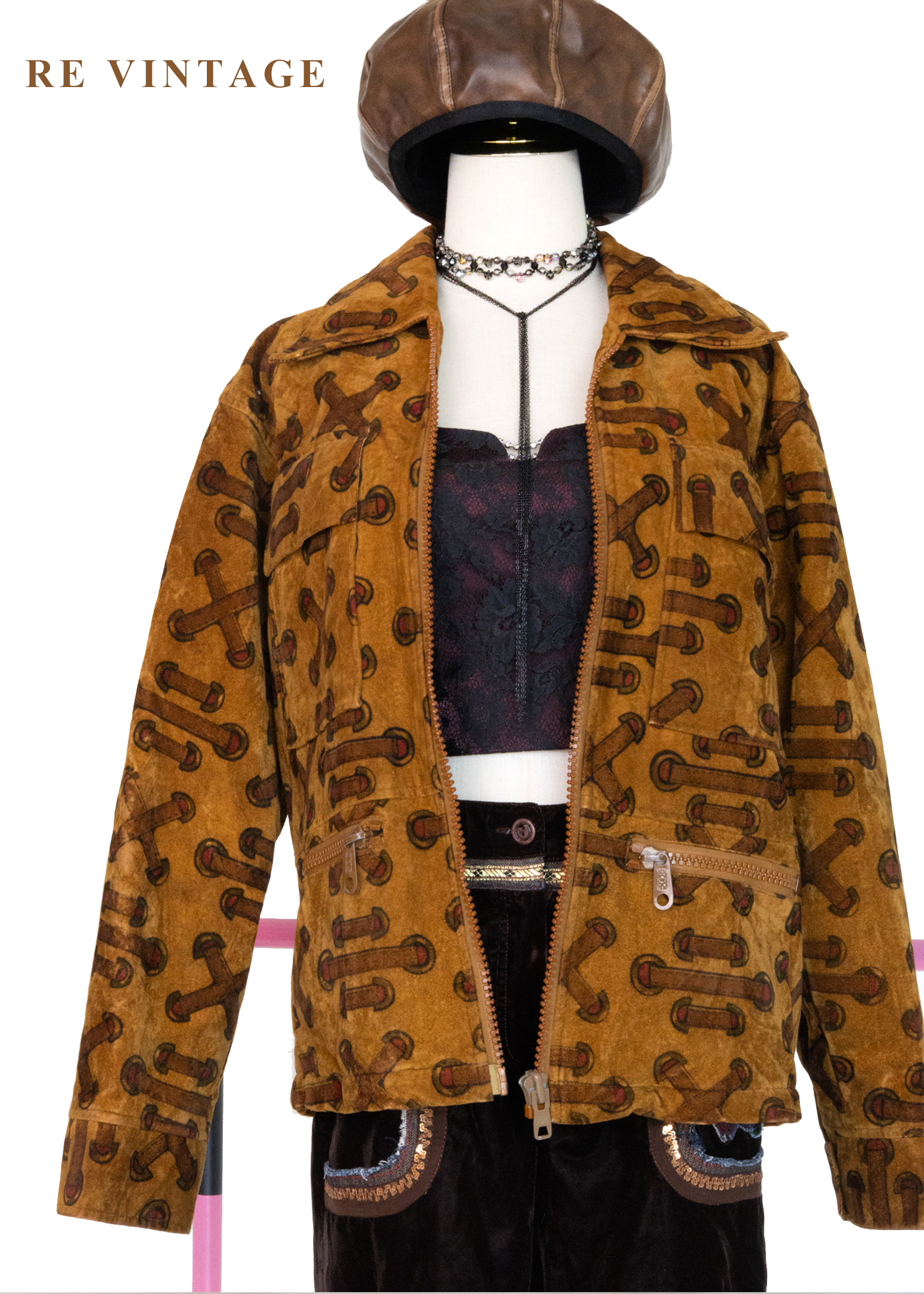 焦糖色穿繩記號麂皮長毛內裏外套