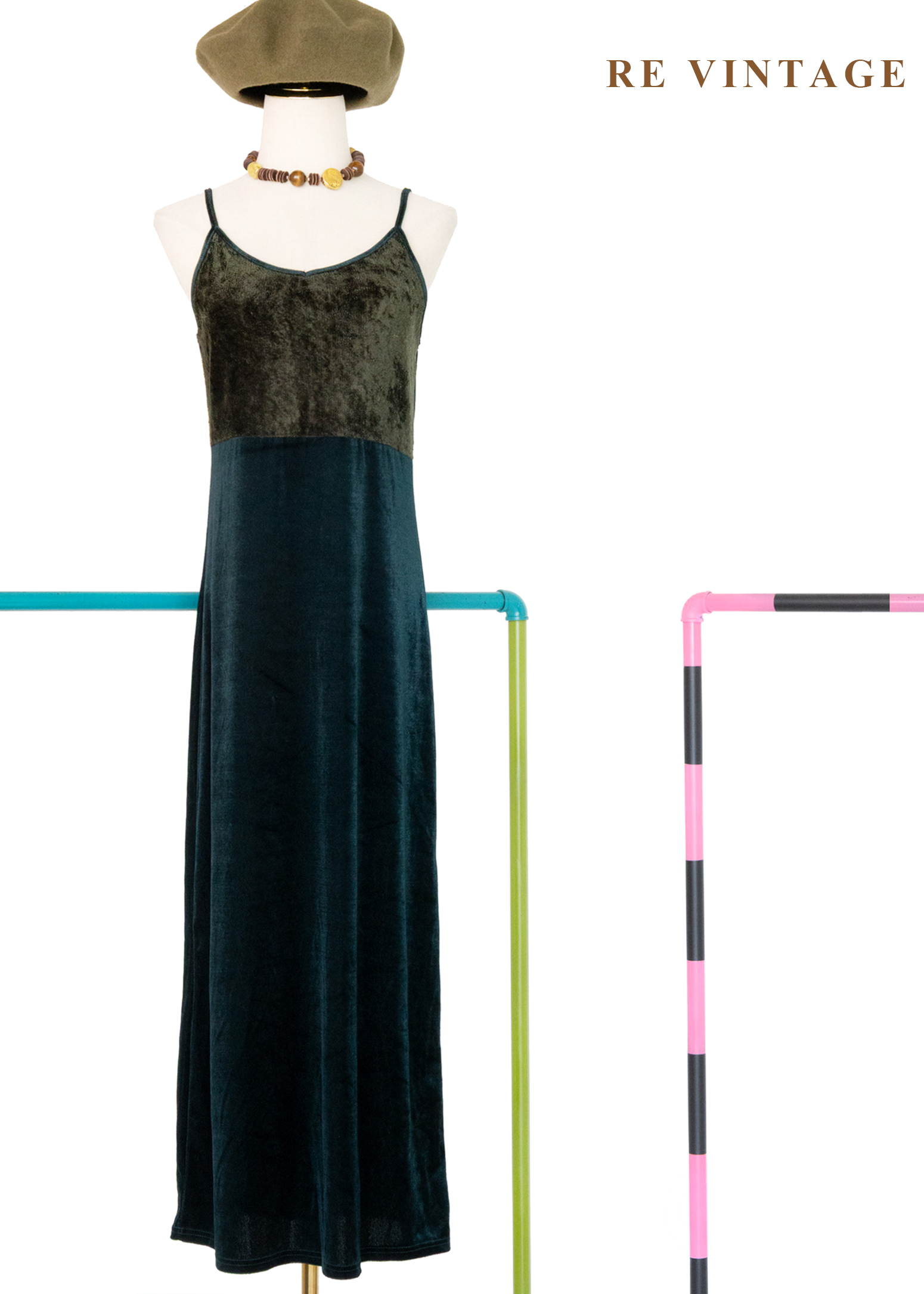 質感單品 - 柔霧深綠與苔綠光影細肩長洋裝