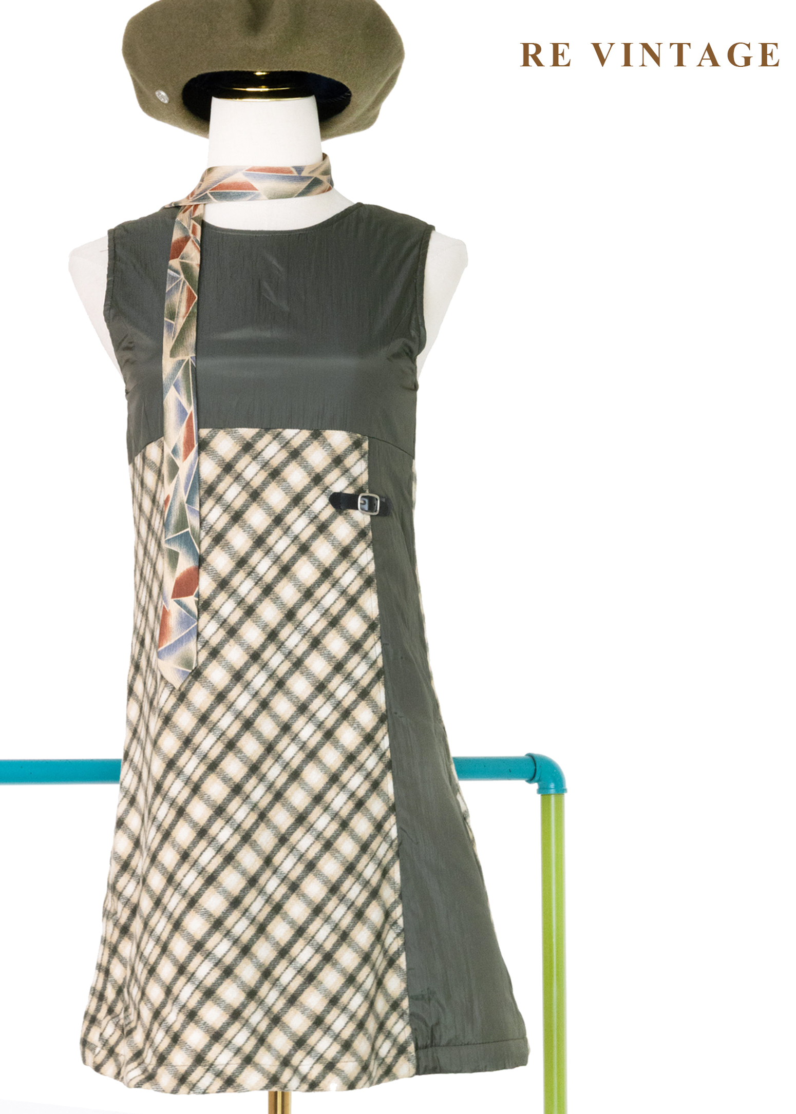 Moss Echo 格紋與尼龍拼接迷人洋裝