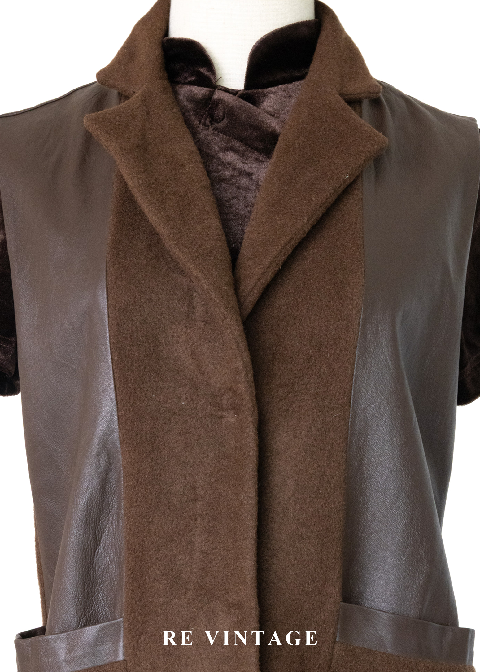 木桃色皮革拼接毛呢長版背心4