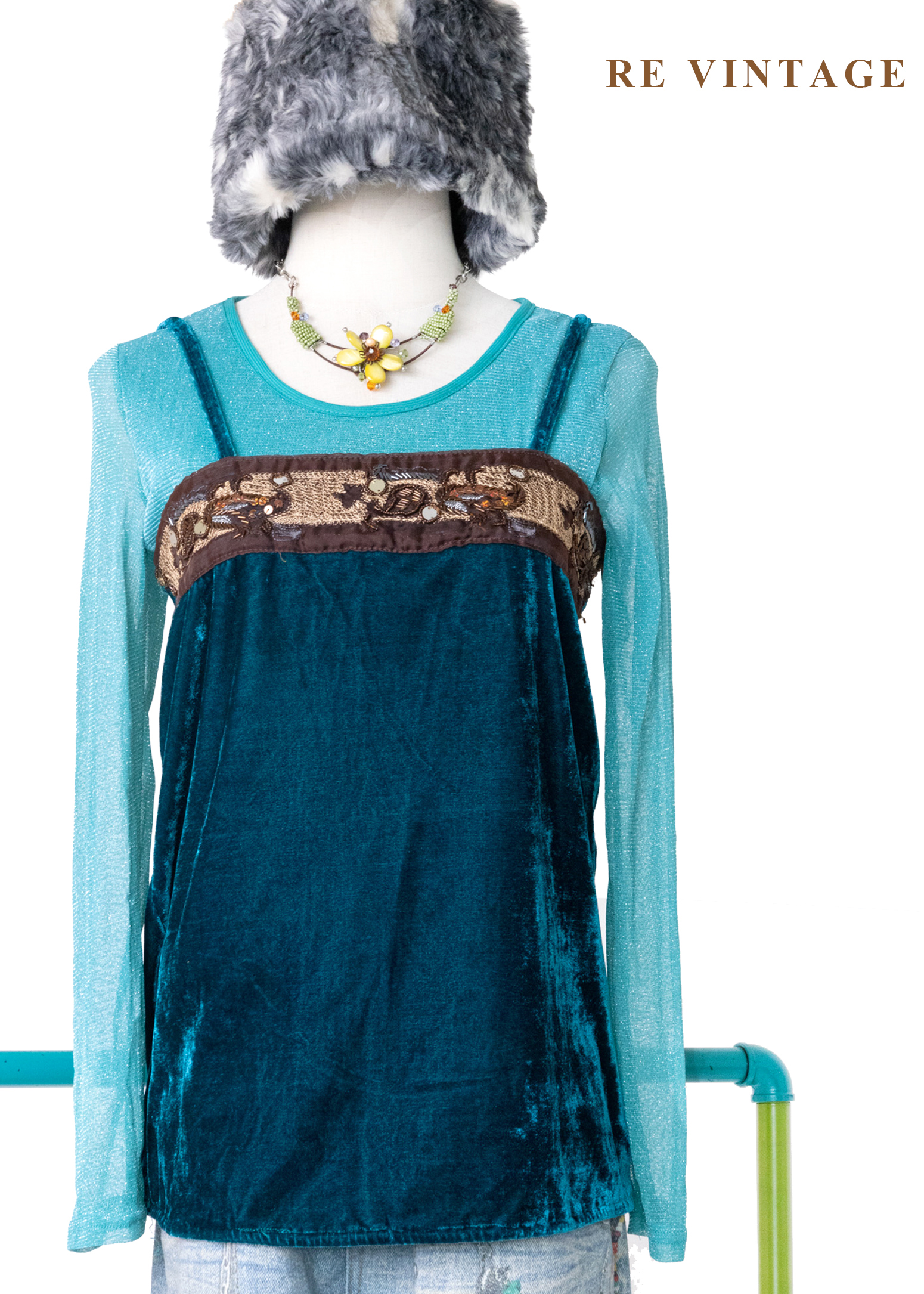 深海巴洛克亮片刺繡絨布細肩帶背心1