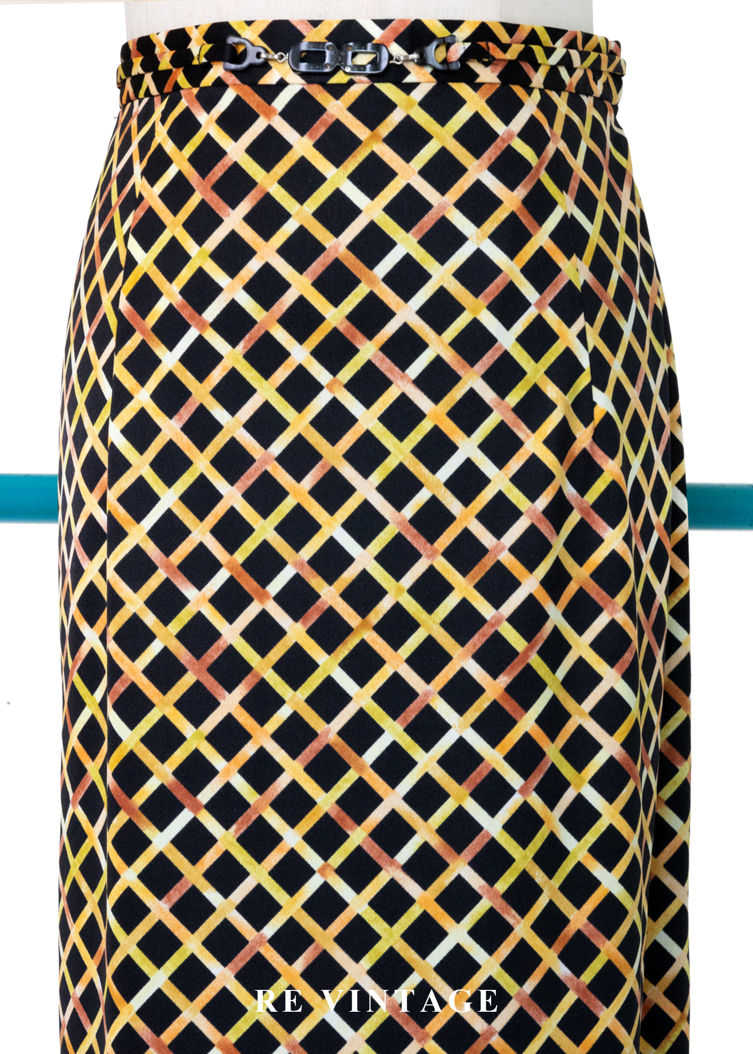 強烈黑與黃菱格紋長裙(26")3