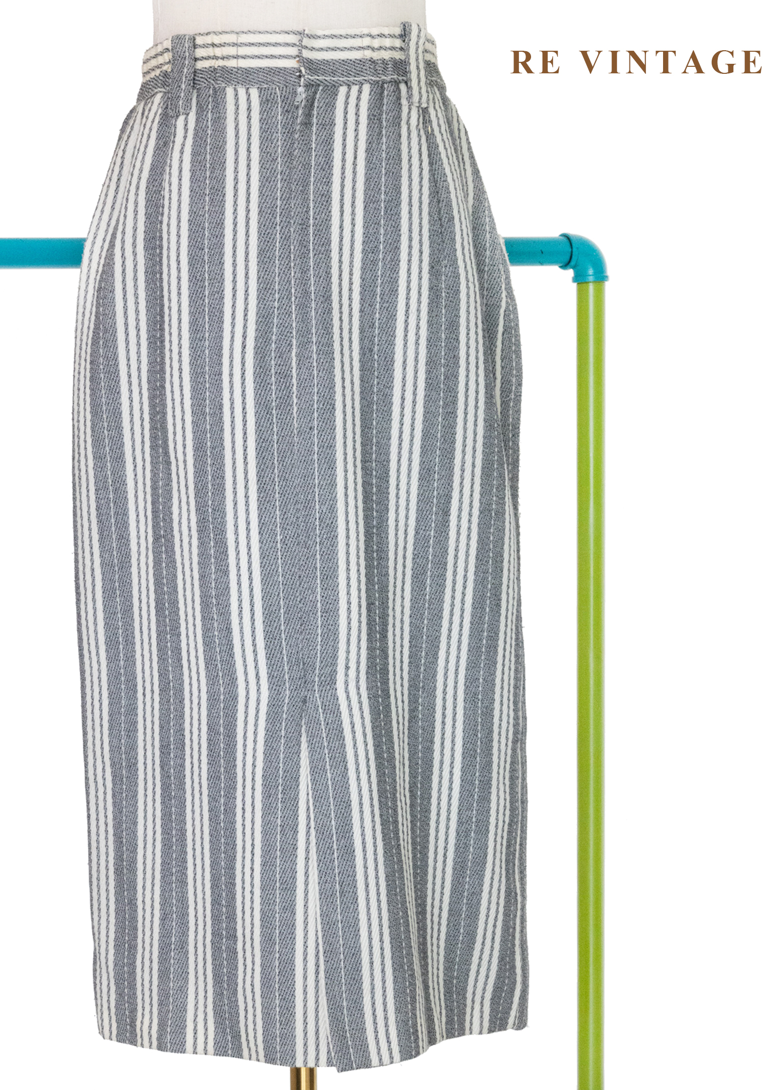 摩登序曲 - 奶油灰粗細條紋排扣直筒裙(25")7