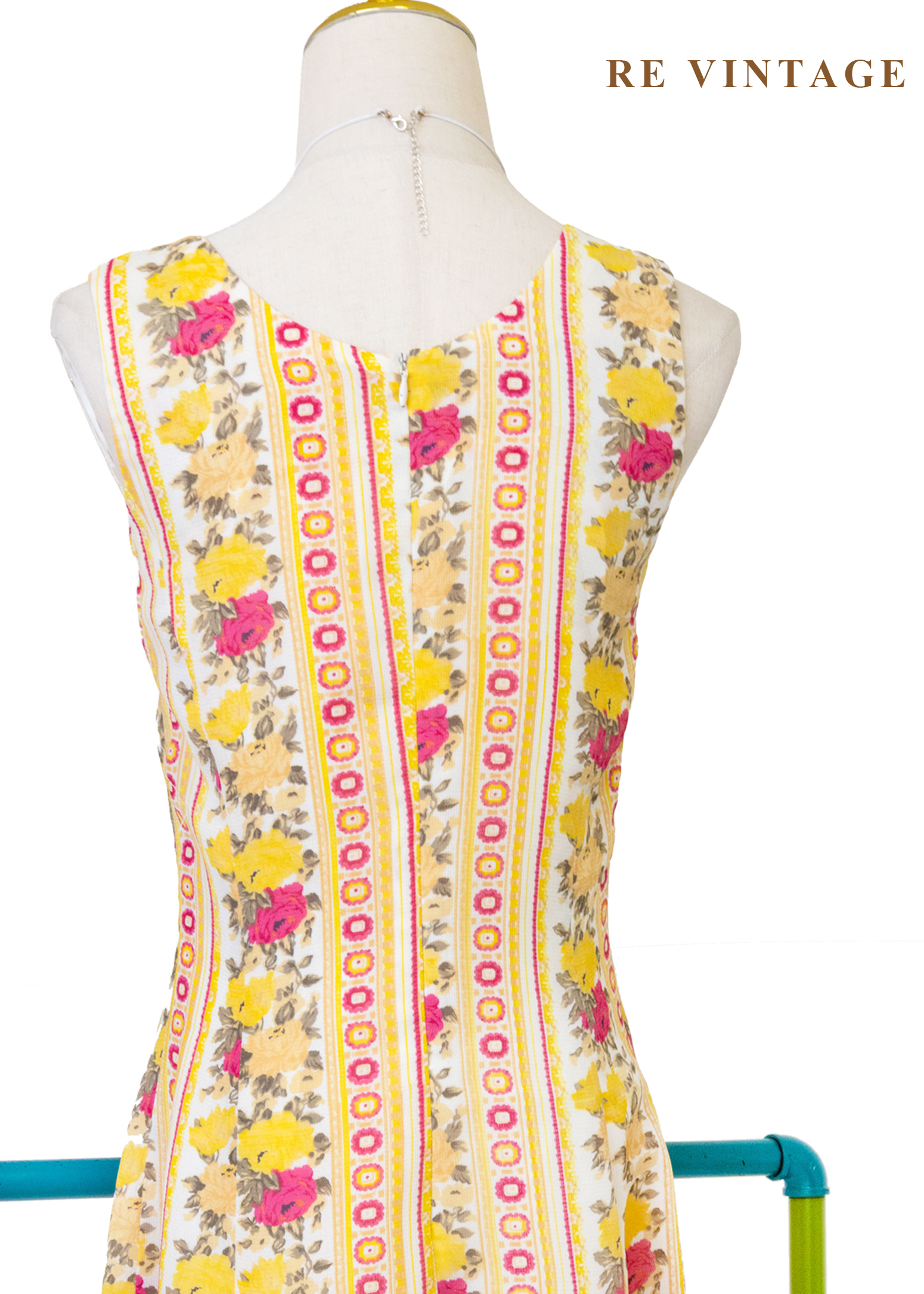 奶油檸檬黃線條粉紅玫瑰迷你洋裝12