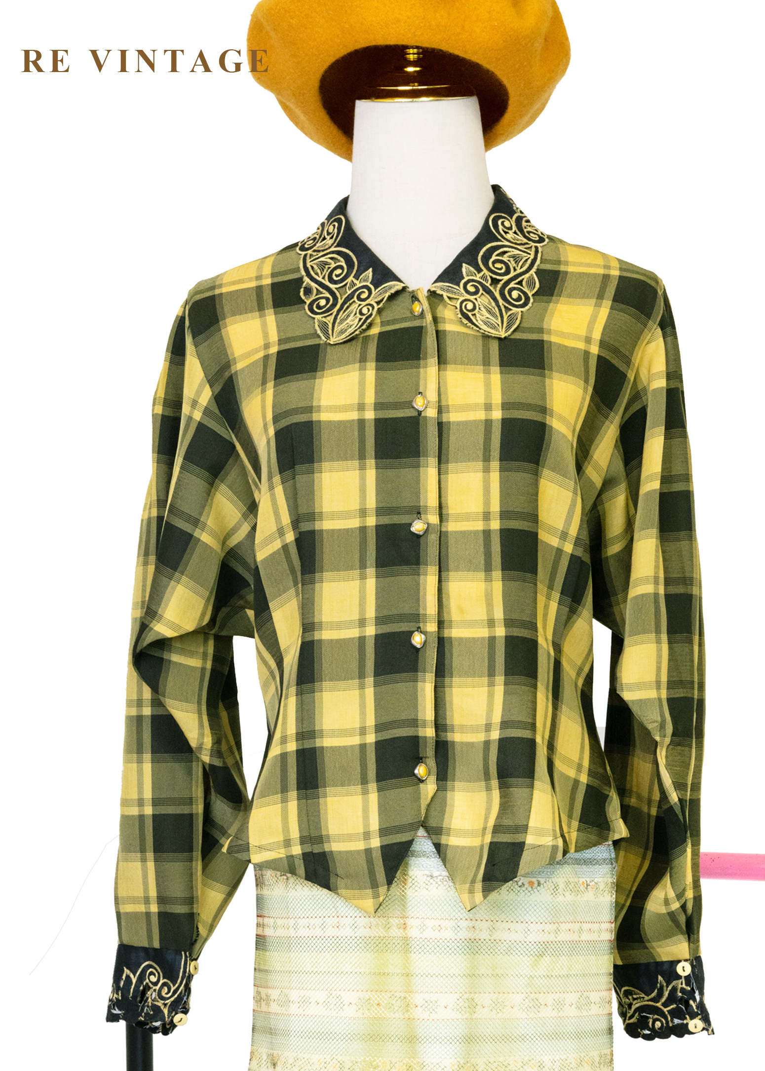 朦朦黃綠格紋刺繡靈魂襯衫8