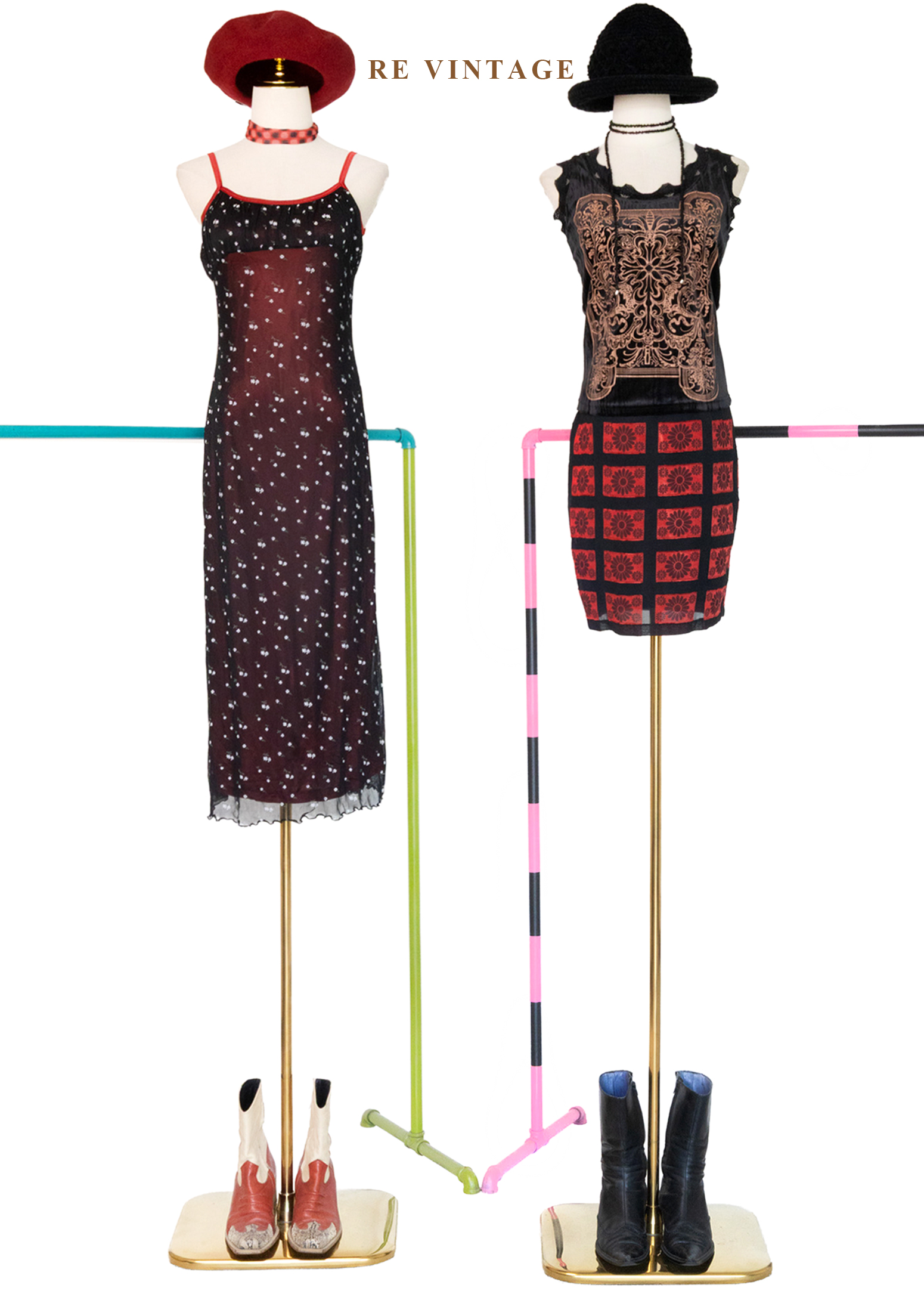 紅黑花朵定格照片高腰短裙(29")2