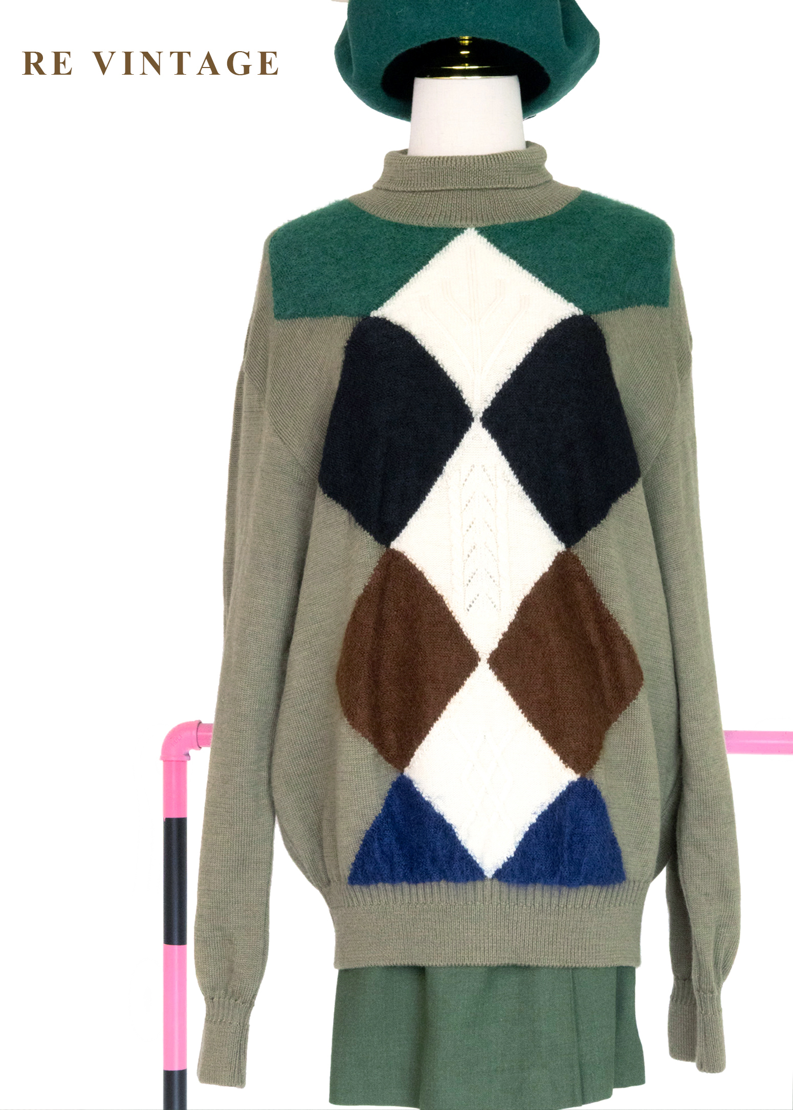 日本製 - Moss Green 四色菱格紋針織毛衣