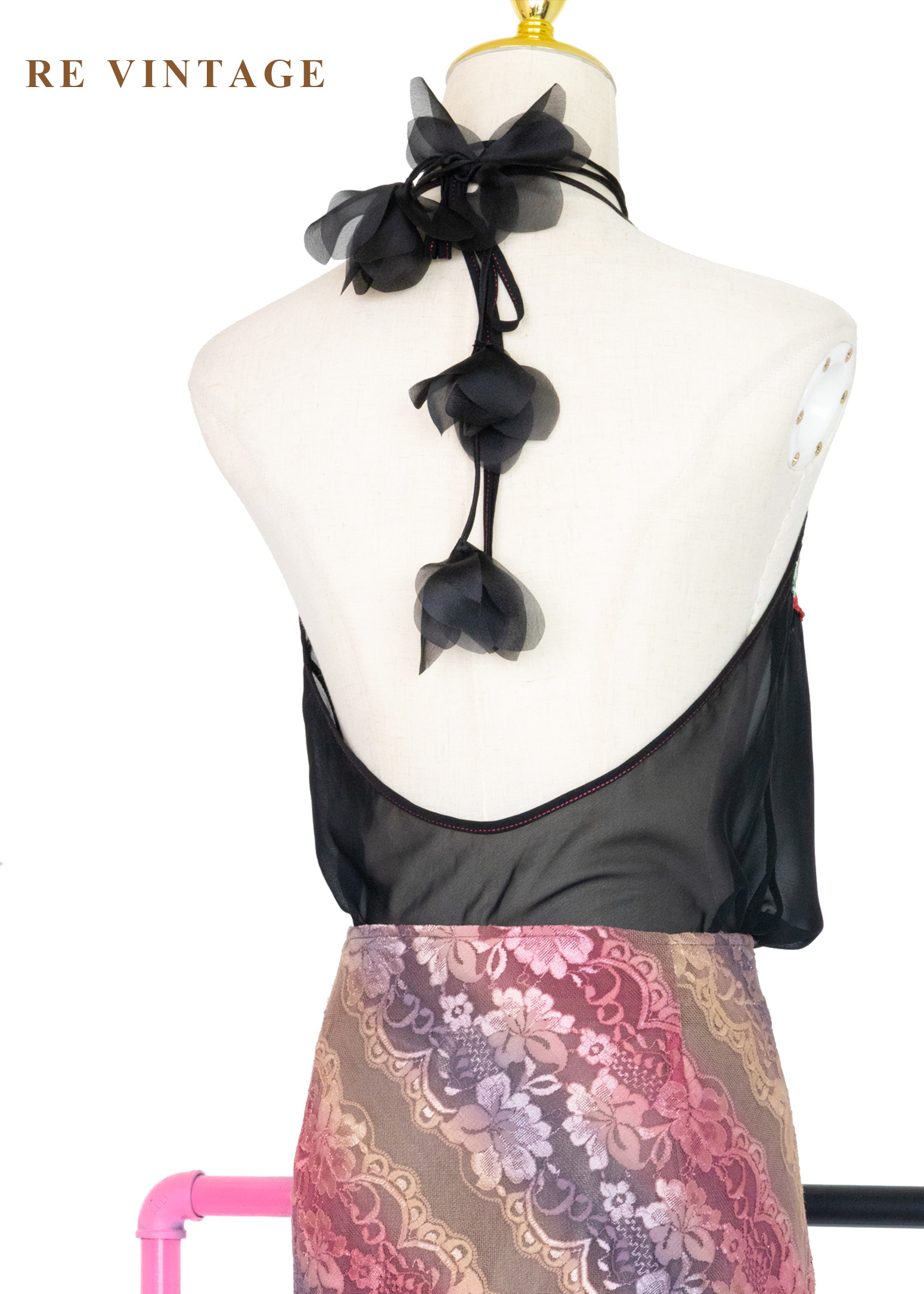 紅花黑紗東方韻味繞頸背心10