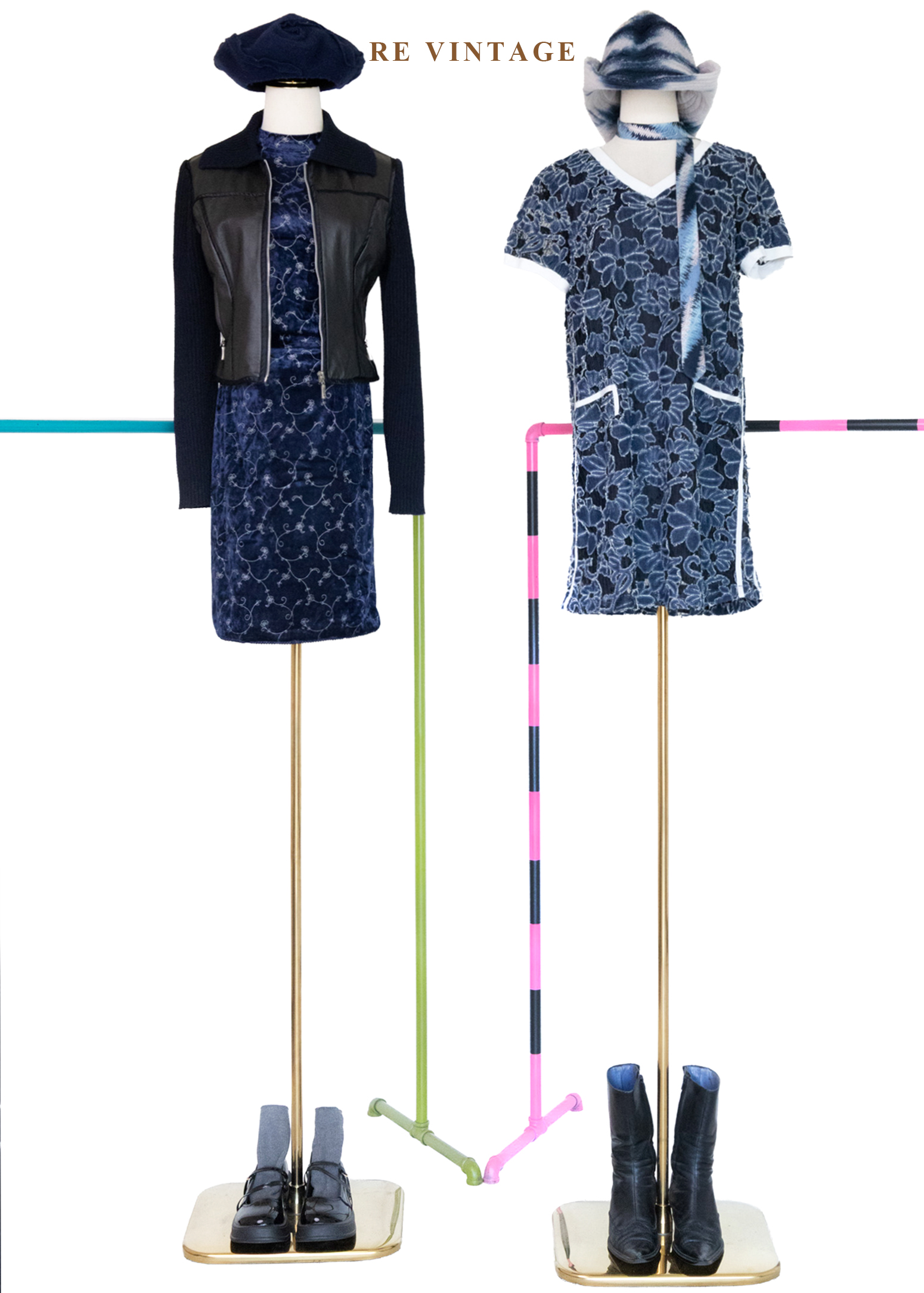 靛藍花瓣堆疊黑蕾絲洋裝2