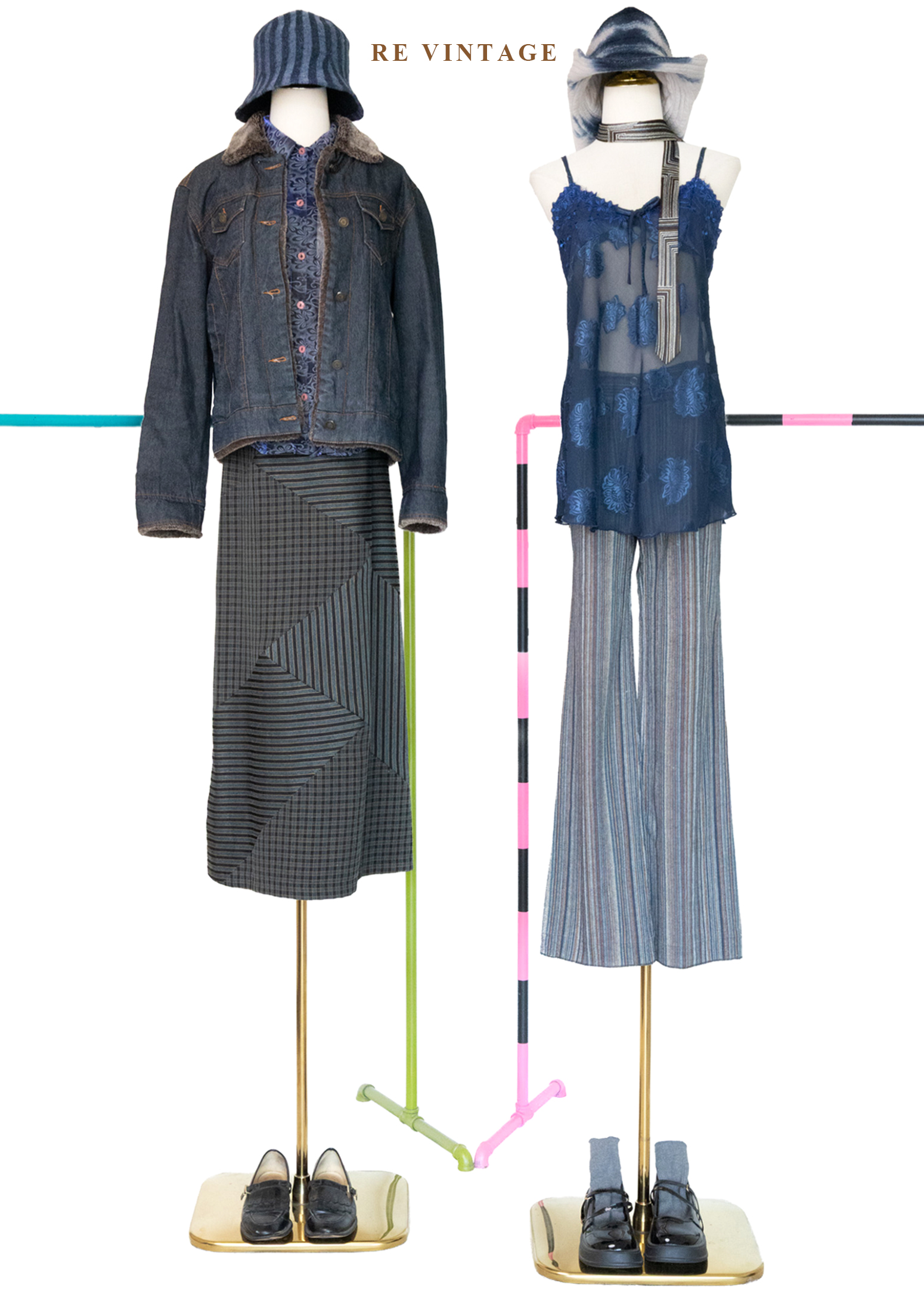 酷感錯位格紋拼接長裙(24")2