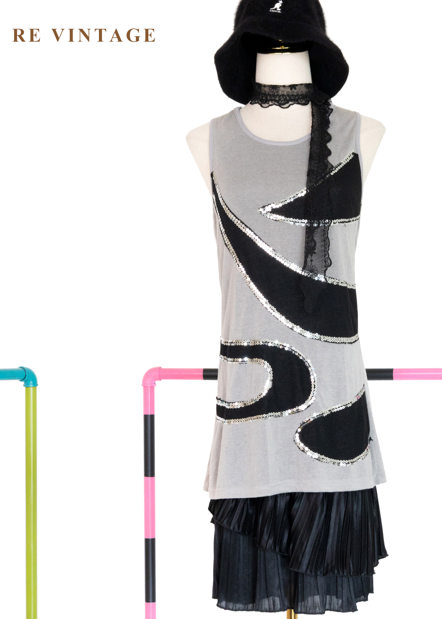 前衛黑銀光影交錯背心洋裝