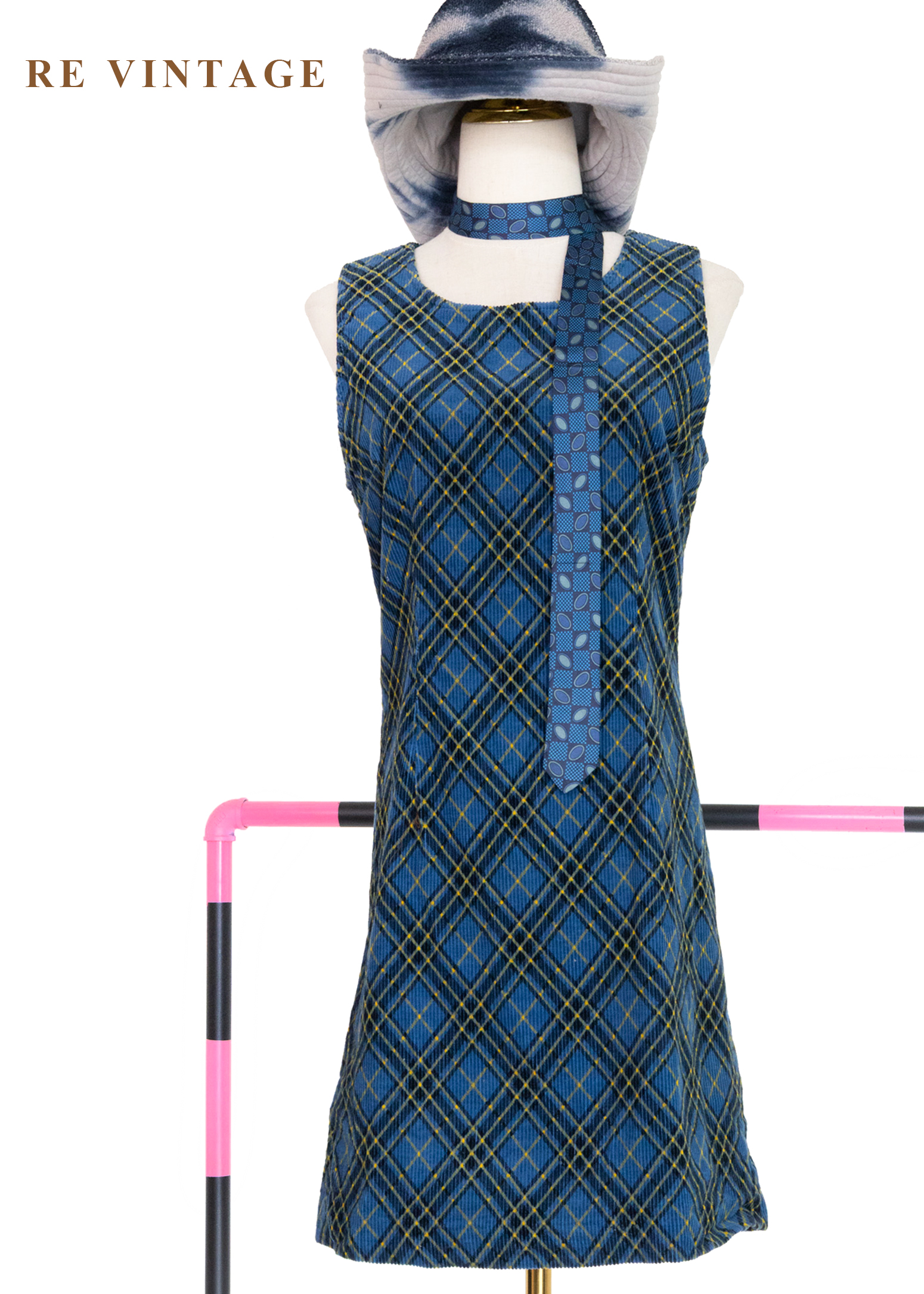 藍色菱格宇宙燈芯絨迷你洋裝