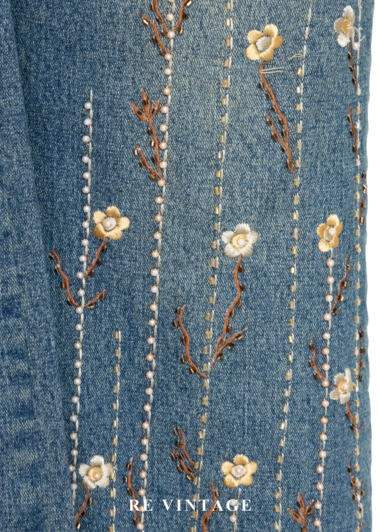 寂靜山谷的雛菊野餐小花刺繡水洗牛仔褲(25")7