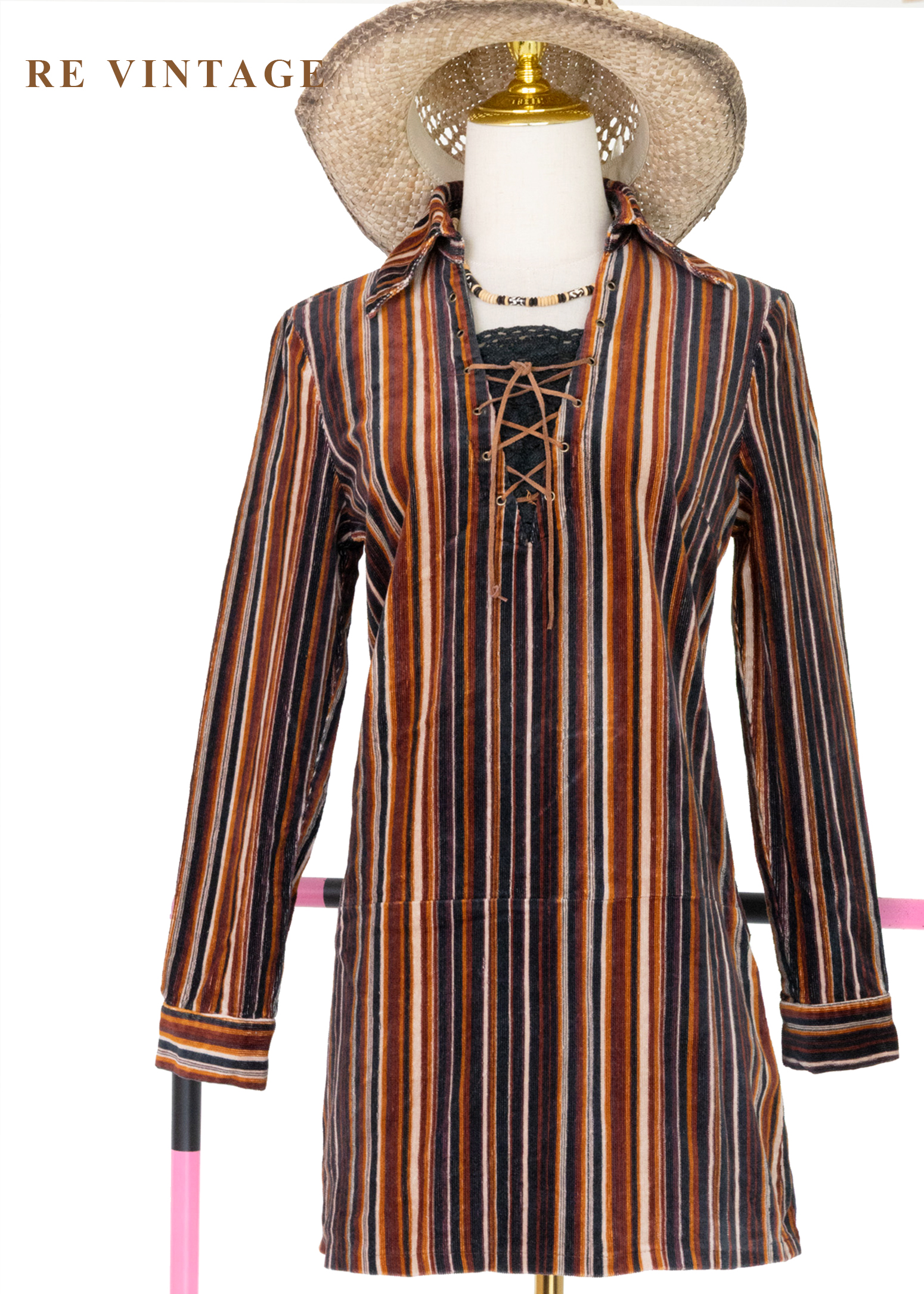 Velvet Roadtrip 燈芯絨暖色線條迷你洋裝