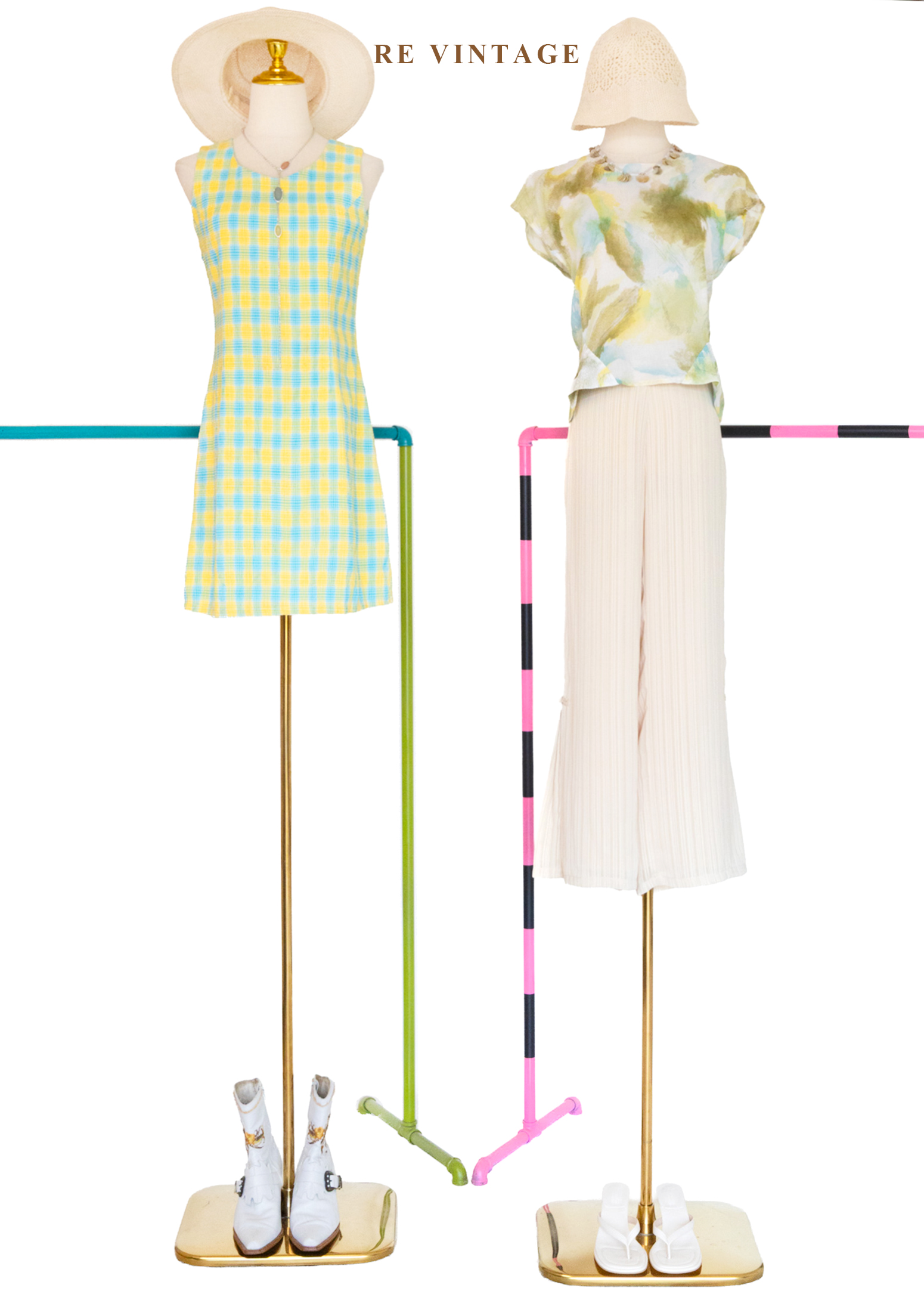 奶油白線條中國釦高腰直筒褲(27")2