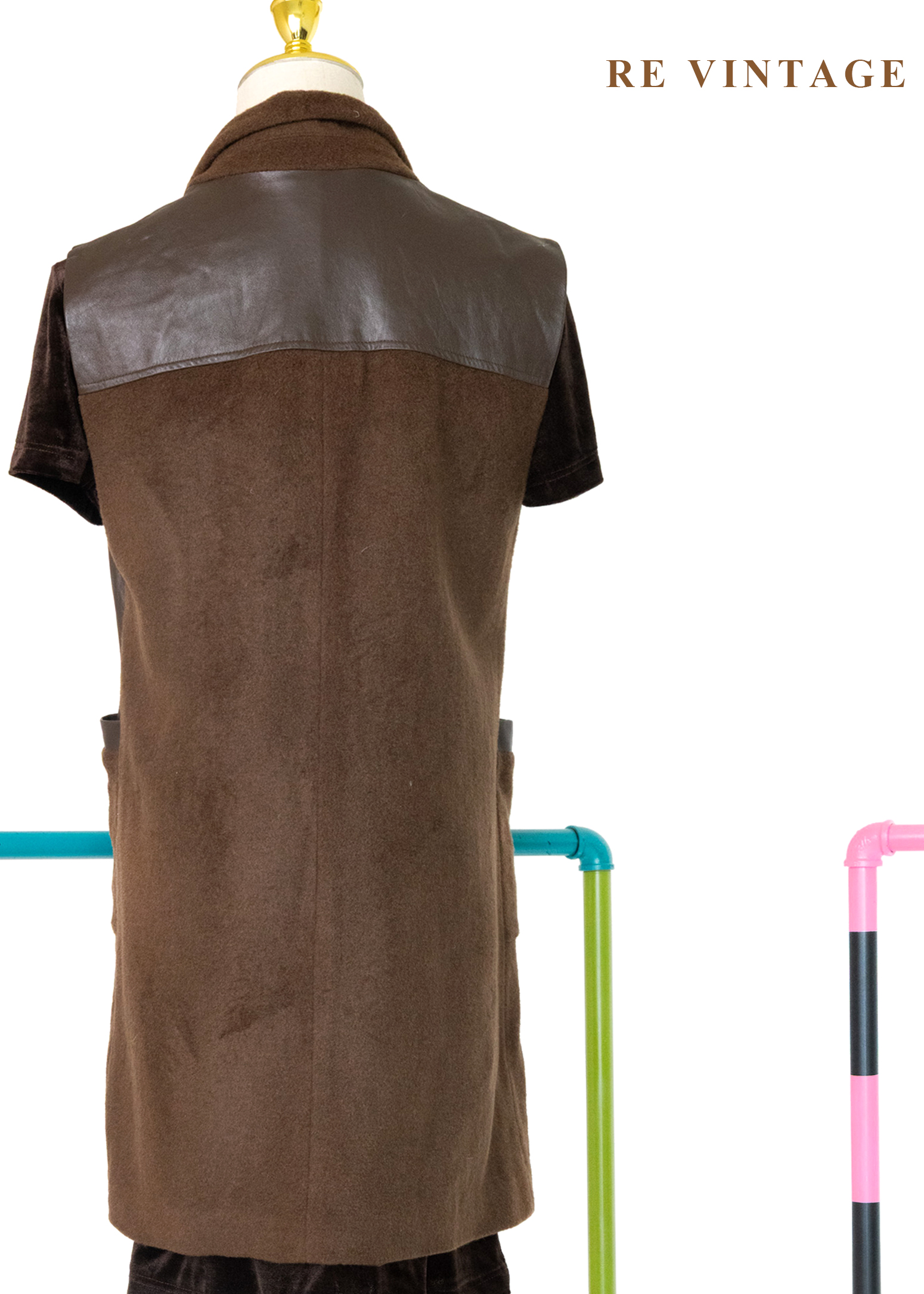 木桃色皮革拼接毛呢長版背心10