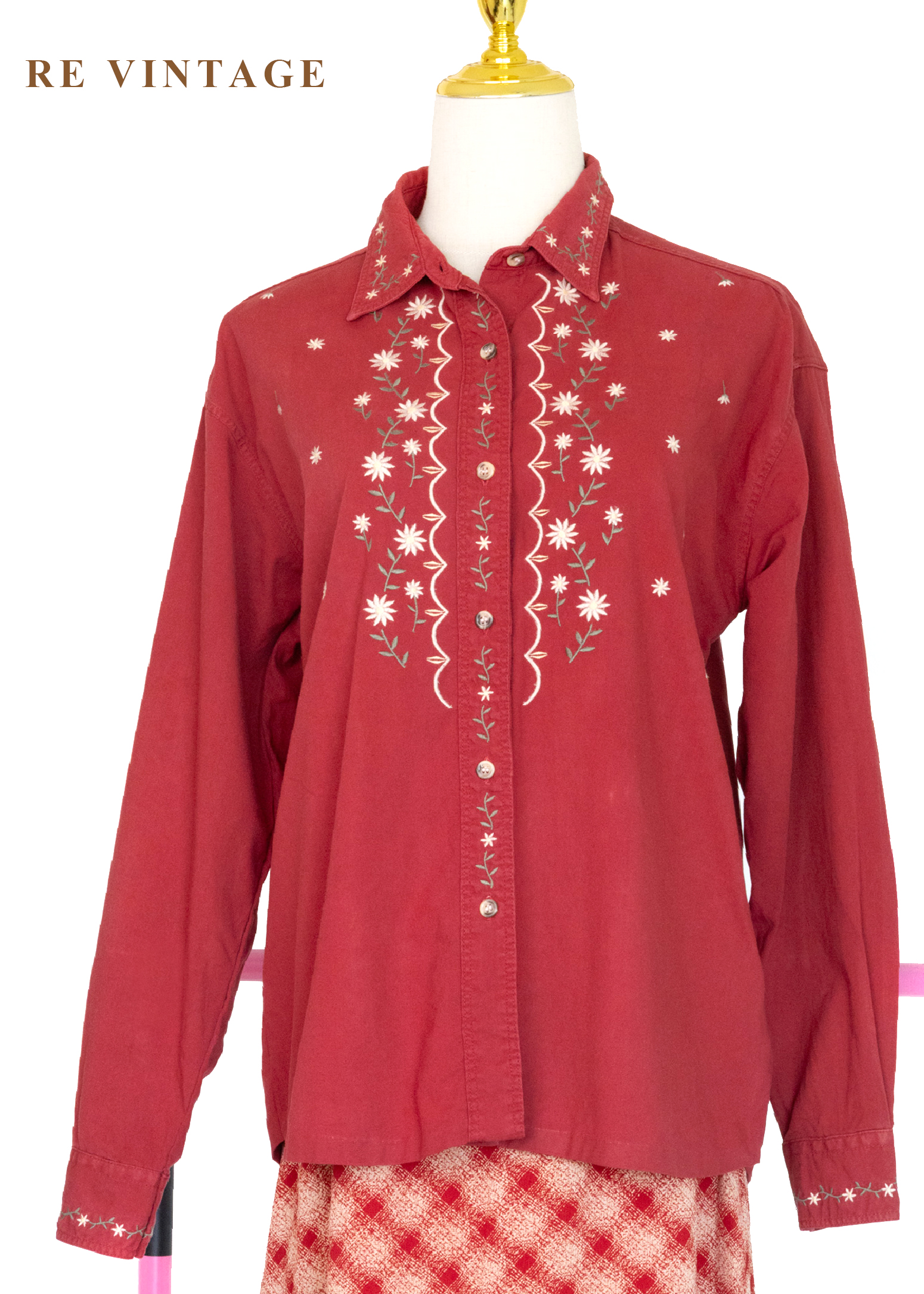 霧紅色歐洲鄉村小花長袖襯衫